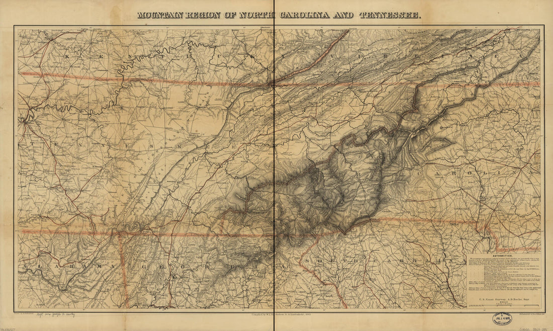This old map of Mountain Region of North Carolina and Tennessee from 1863 was created by Joseph R. (Joseph Roswell) Hawley, Charles G. Krebs, A. Lindenkohl, H. (Henry) Lindenkohl, W. L. Nicholson, U.S. Coast and Geodetic Survey in 1863