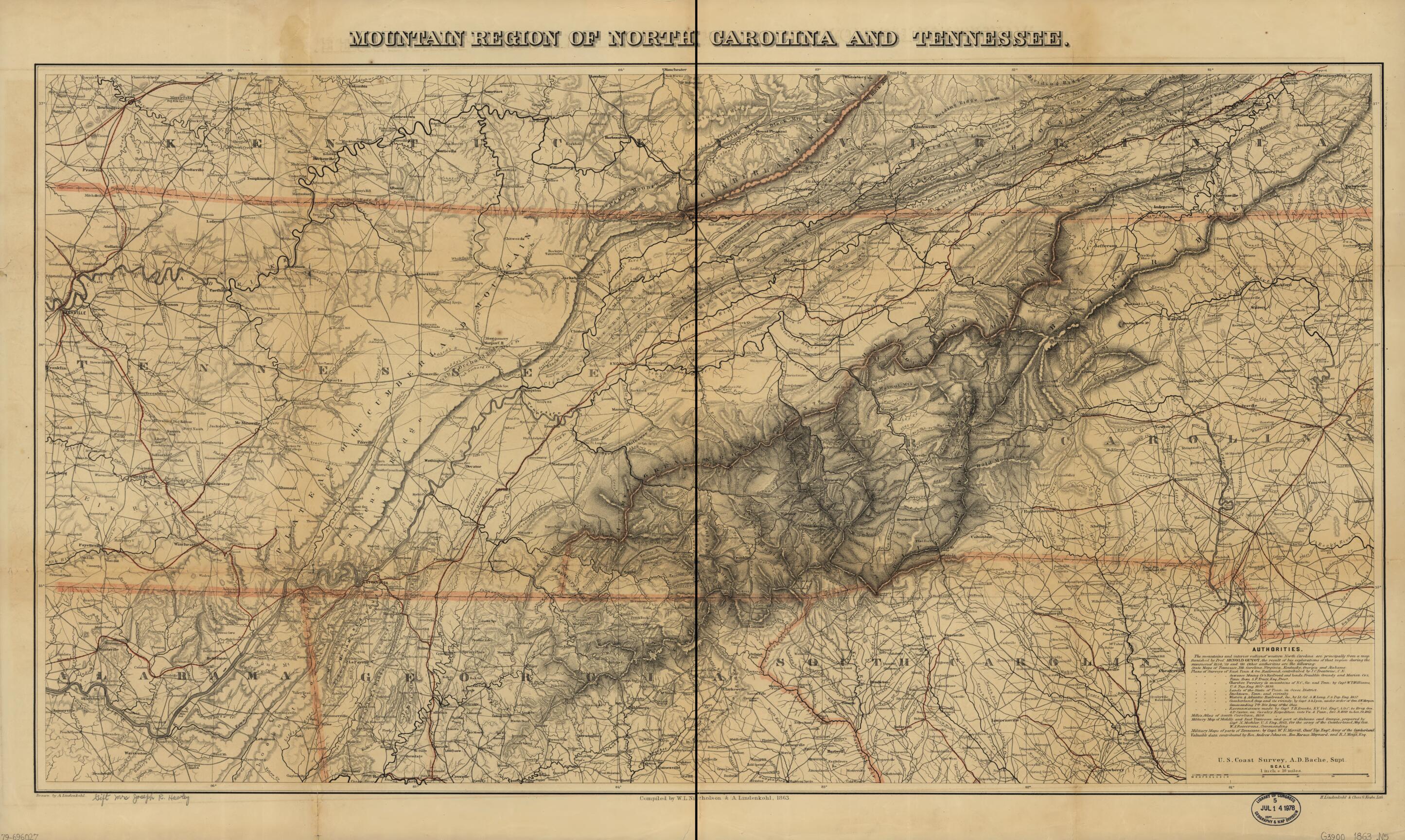 This old map of Mountain Region of North Carolina and Tennessee from 1863 was created by Joseph R. (Joseph Roswell) Hawley, Charles G. Krebs, A. Lindenkohl, H. (Henry) Lindenkohl, W. L. Nicholson, U.S. Coast and Geodetic Survey in 1863