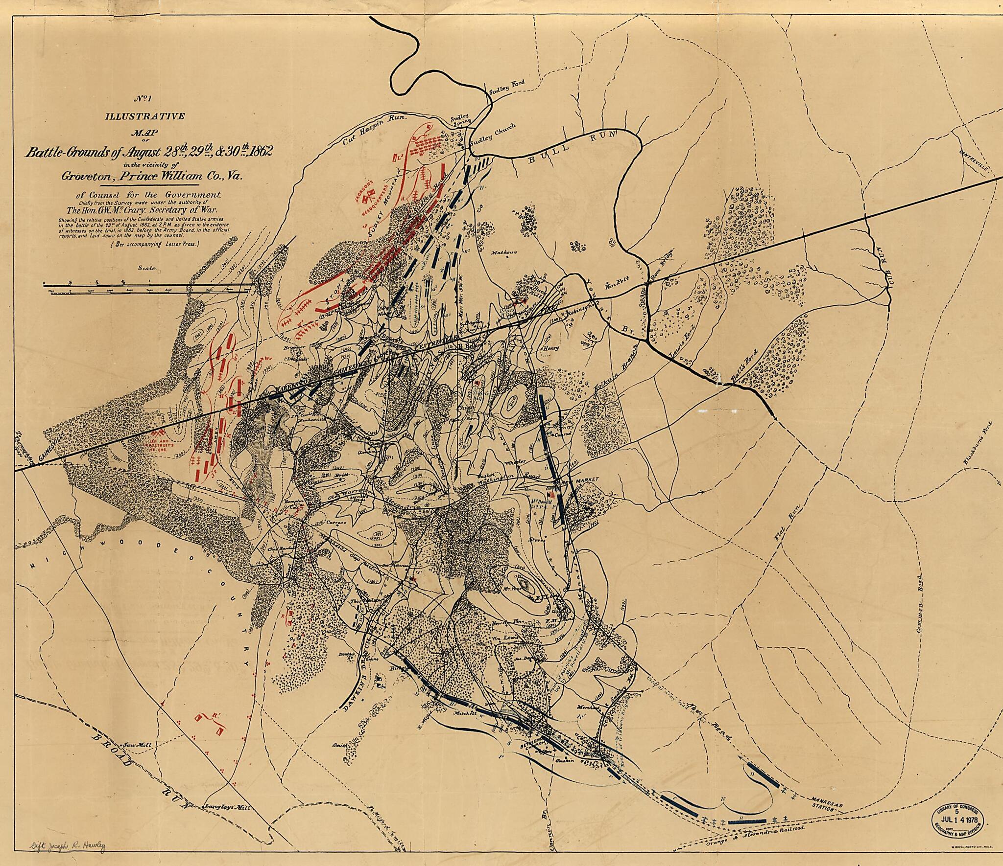 This old map of Grounds of August 28th, 29th & 30th, 1862, In the Vicinity of Groveton, Prince William County, Va. : of Counsel for the Government, Chiefly from the Survey Made Under the Authority of the Hon. G. W. McCrary, Secretary of War from 1878 was