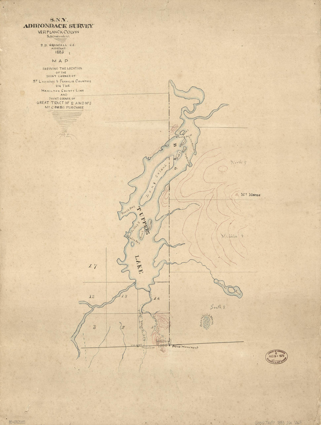 This old map of Map Showing the Location of the Joint Corner of St. Lawrence & Franklin Counties On the Hamilton County Line and Joint Corner of Great Tract No. 2 and No. 3, Ma. Combs Purchase from 1883 was created by Verplanck Colvin, S. B. Crandall, N