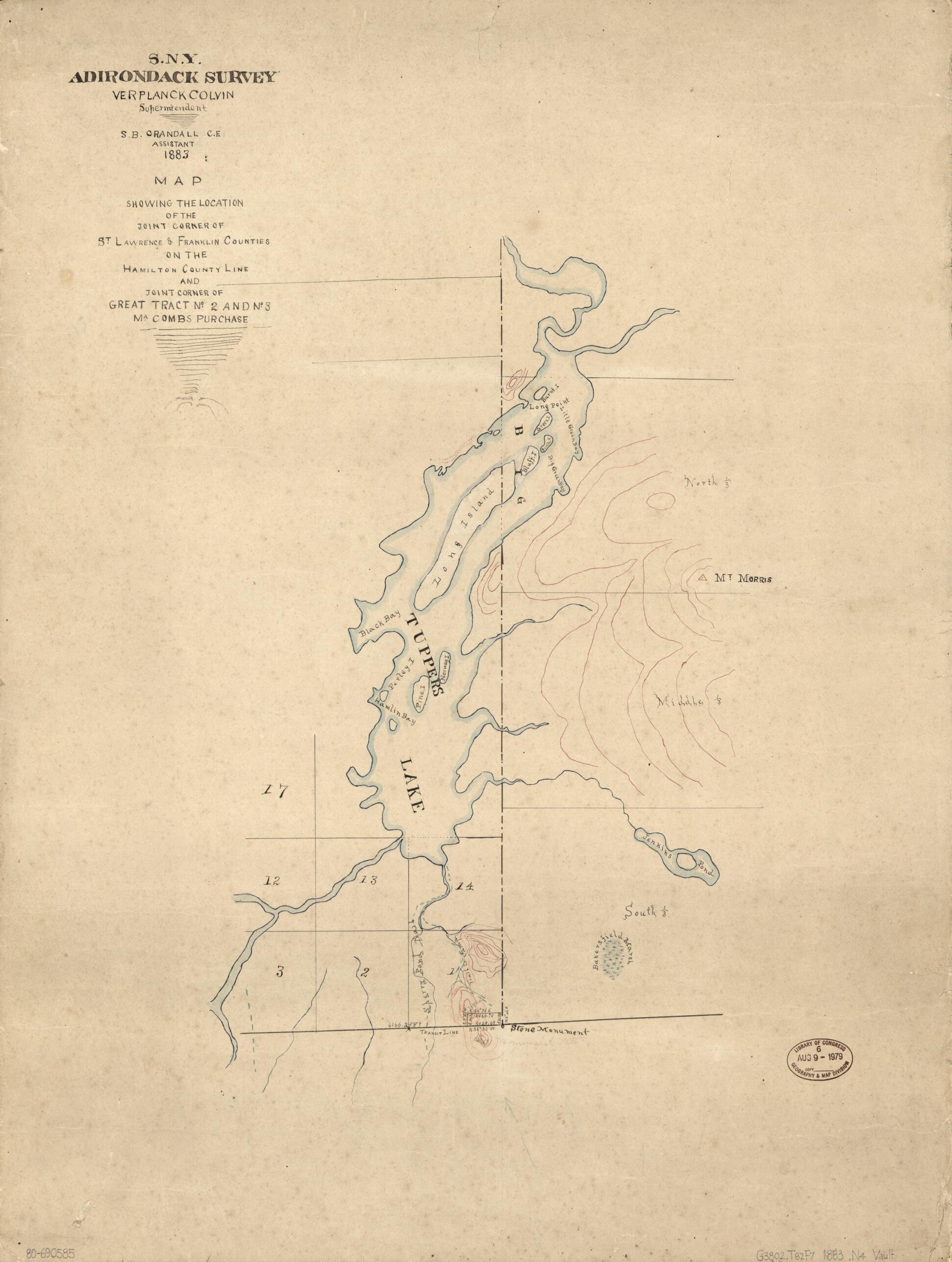 This old map of Map Showing the Location of the Joint Corner of St. Lawrence & Franklin Counties On the Hamilton County Line and Joint Corner of Great Tract No. 2 and No. 3, Ma. Combs Purchase from 1883 was created by Verplanck Colvin, S. B. Crandall, N