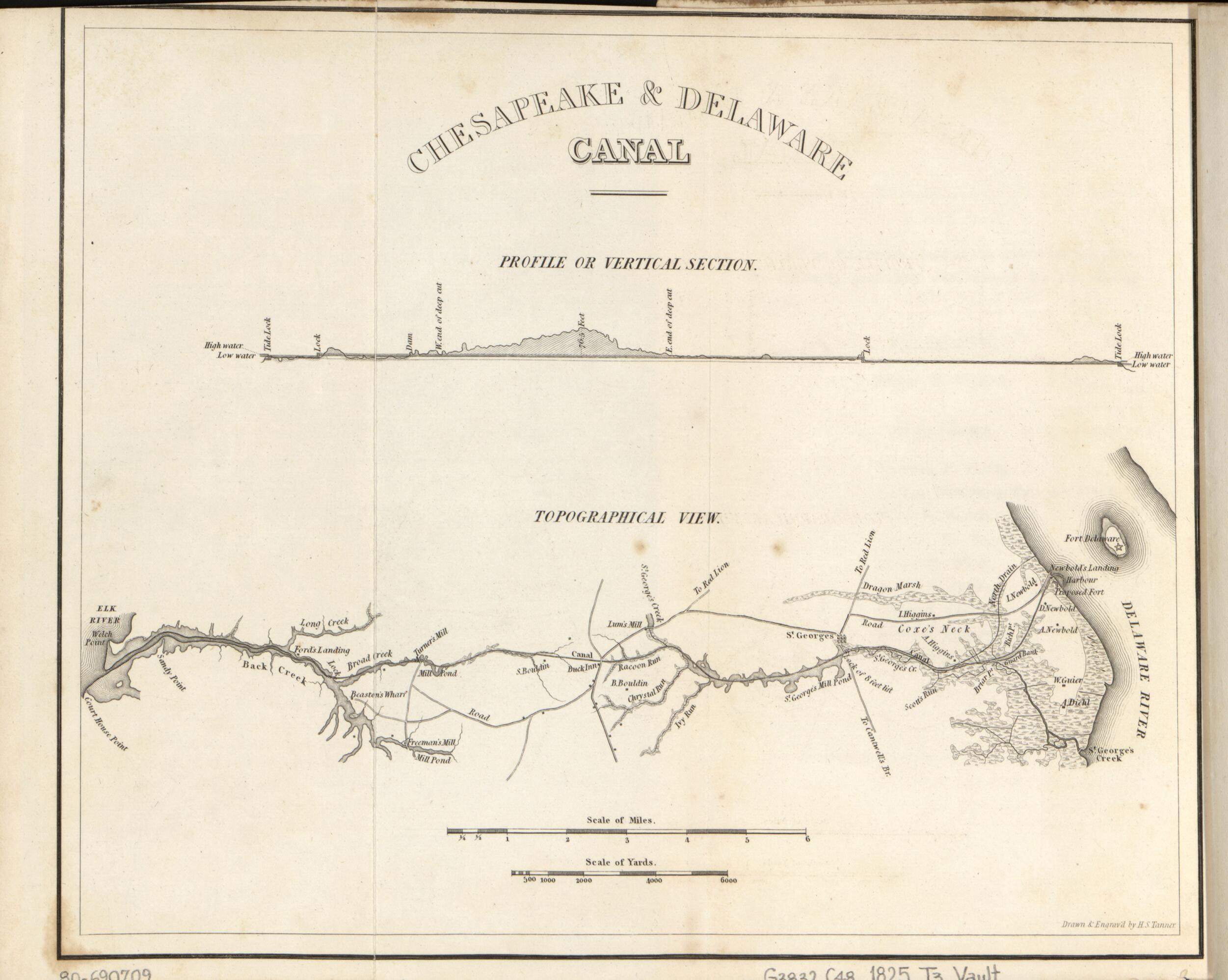 This old map of Chesapeake & Delaware Canal, Topographical View from 1825 was created by Chesapeake and Delaware Canal Company, Henry Schenck Tanner in 1825