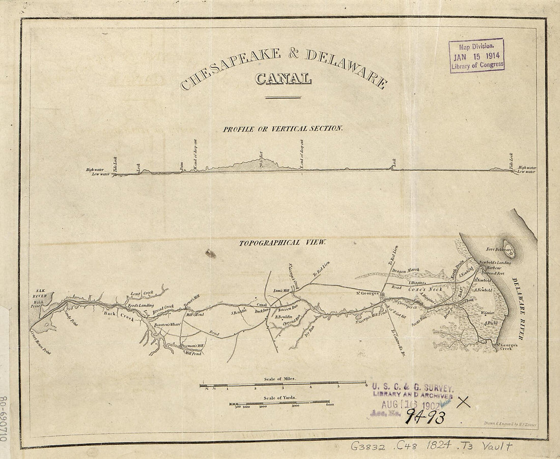 This old map of Chesapeake & Delaware Canal, Topographical View from 1824 was created by Chesapeake and Delaware Canal Company, Henry Schenck Tanner in 1824