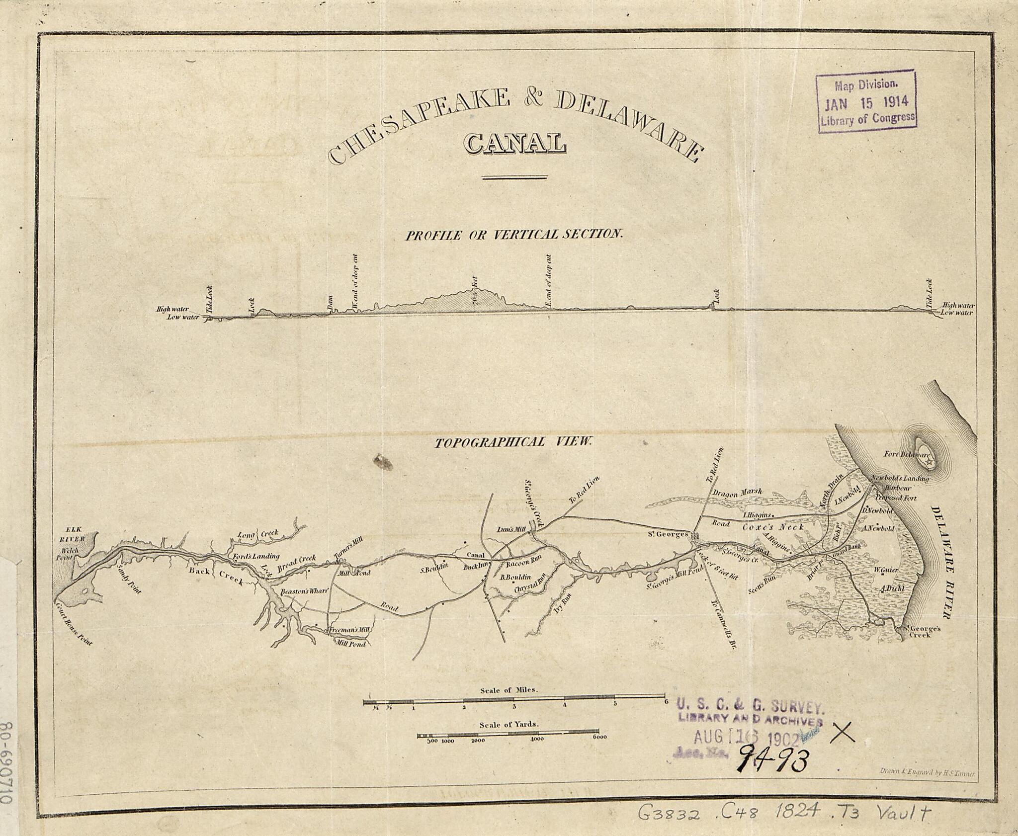 This old map of Chesapeake & Delaware Canal, Topographical View from 1824 was created by Chesapeake and Delaware Canal Company, Henry Schenck Tanner in 1824