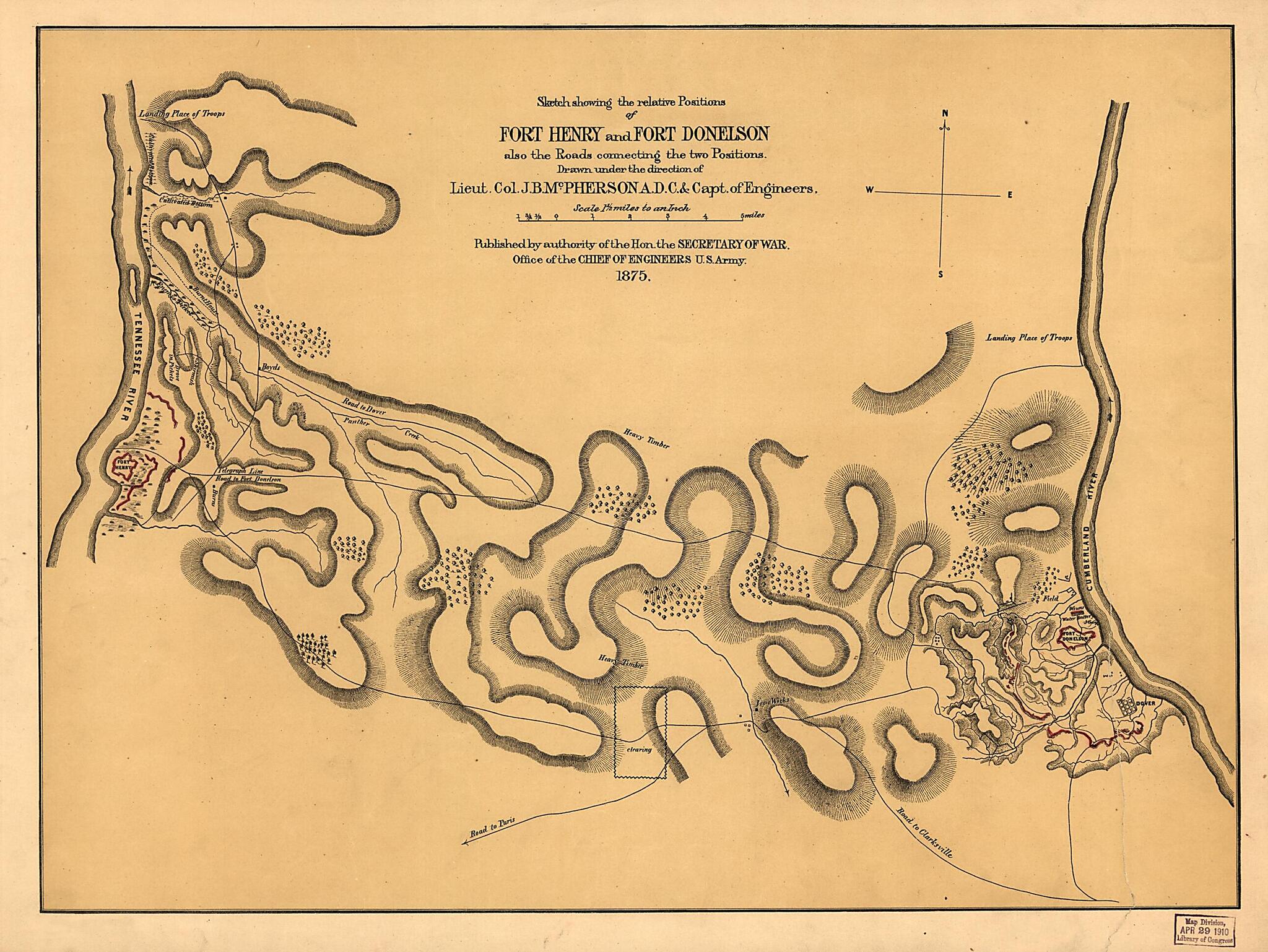 This old map of Sketch Showing the Relative Positions of Fort Henry and Fort Donelson, Also the Roads Connecting the Two Positions from 1875 was created by James Birdseye McPherson, United States. Army. Corps of Engineers in 1875