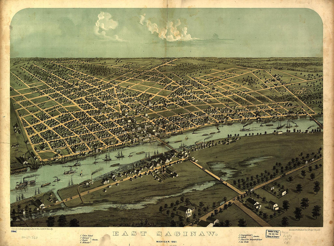 This old map of East Saginaw, Michigan, from 1867 was created by Chicago Lithographing Co, A. Ruger in 1867