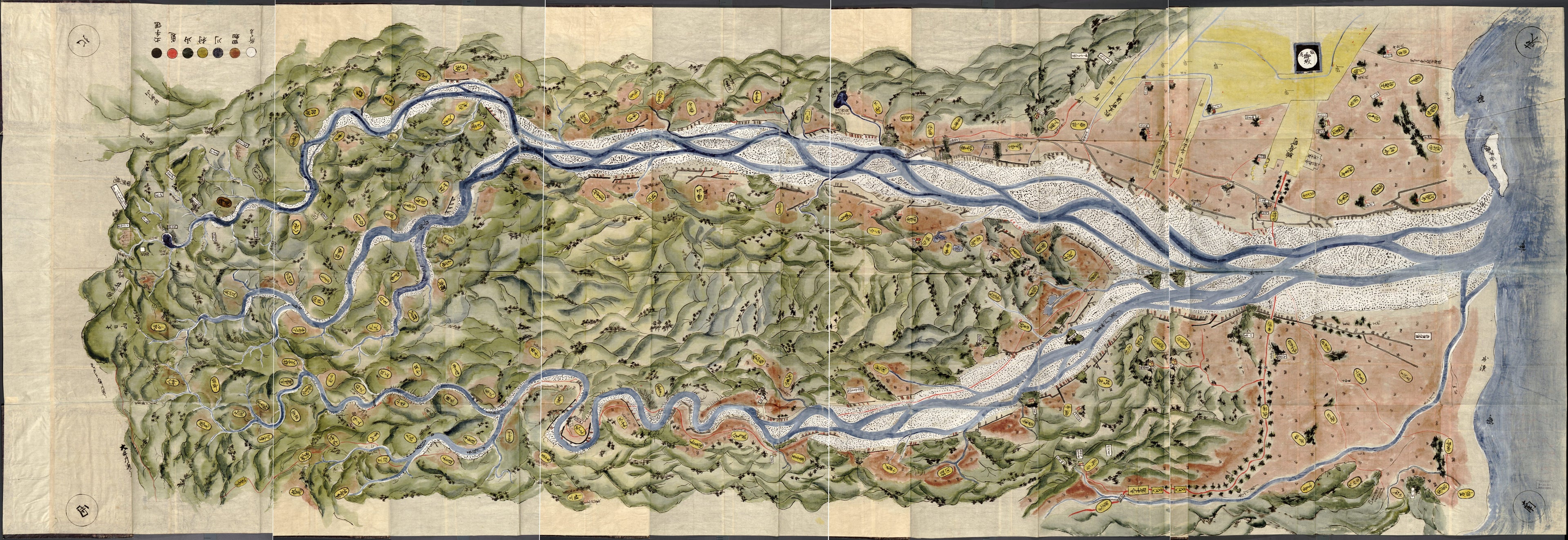 This old map of Dōri Sanchū Ichien Ezu (安部川通山中一圓繪圖 /, /) from 1862 was created by Ichiryūtei Shoraku Dōjin in 1862