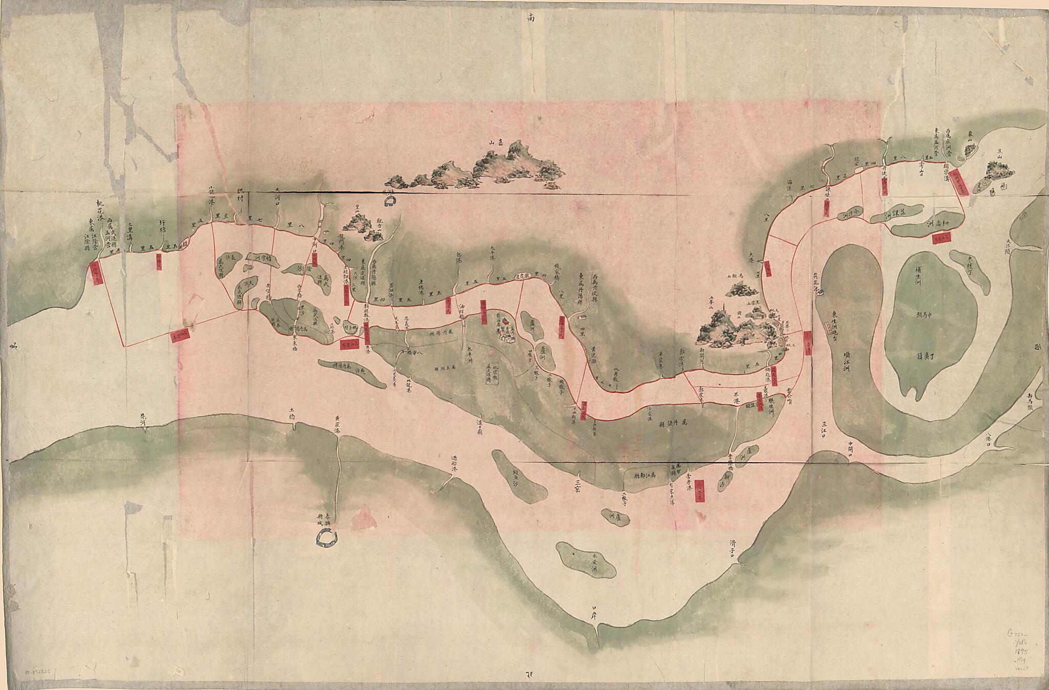 This old map of Meng Heying Hui Cheng Beiying Xun Jing Jiang Cheng Li Shu Jie Zhi Tu. (孟河營繪呈卑營汛境江程里数界址图, Military Map of the Menghe Naval Brigade In Yangtze River) from 1864 was created by in 1864