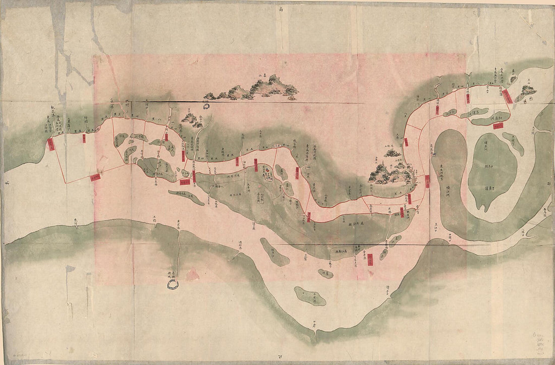 This old map of Meng Heying Hui Cheng Beiying Xun Jing Jiang Cheng Li Shu Jie Zhi Tu. (孟河營繪呈卑營汛境江程里数界址图, Military Map of the Menghe Naval Brigade In Yangtze River) from 1864 was created by in 1864