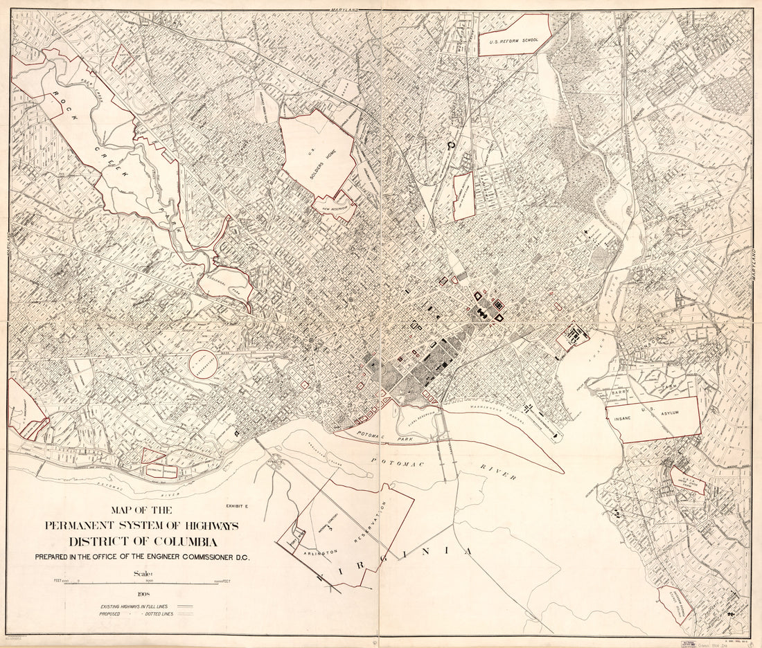 This old map of Map of the Permanent System of Highways, District of Columbia from 1908 was created by Office of the Engineer Commissioner D.C. in 1908