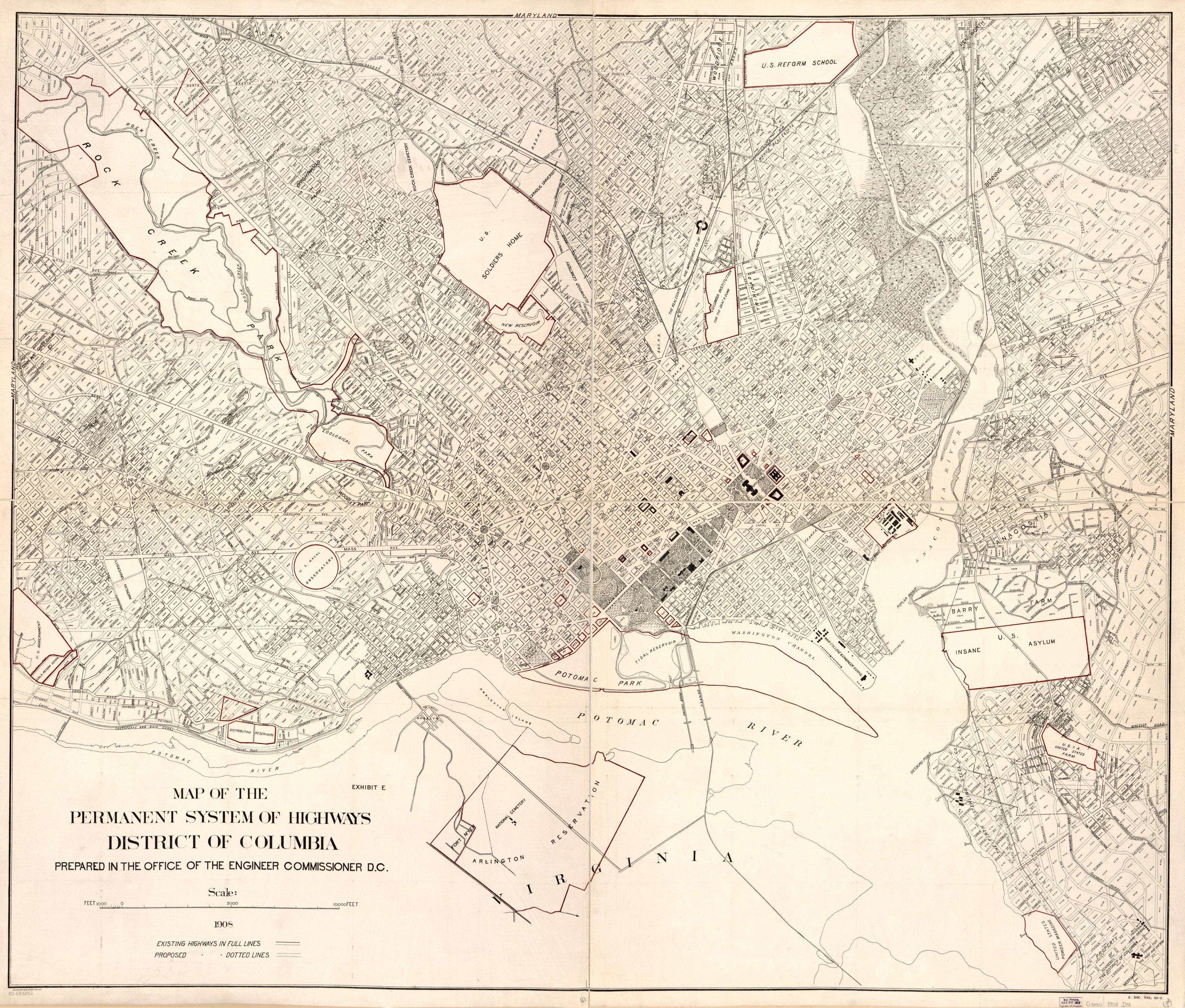 This old map of Map of the Permanent System of Highways, District of Columbia from 1908 was created by Office of the Engineer Commissioner D.C. in 1908