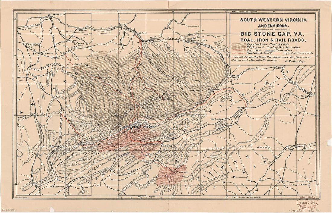 This old map of South Western Virginia and Environs : Big Stone Gap, Va., Coal, Iron & Rail Roads from 1892 was created by Big Stone Gap Improvement Co, J. Nader in 1892