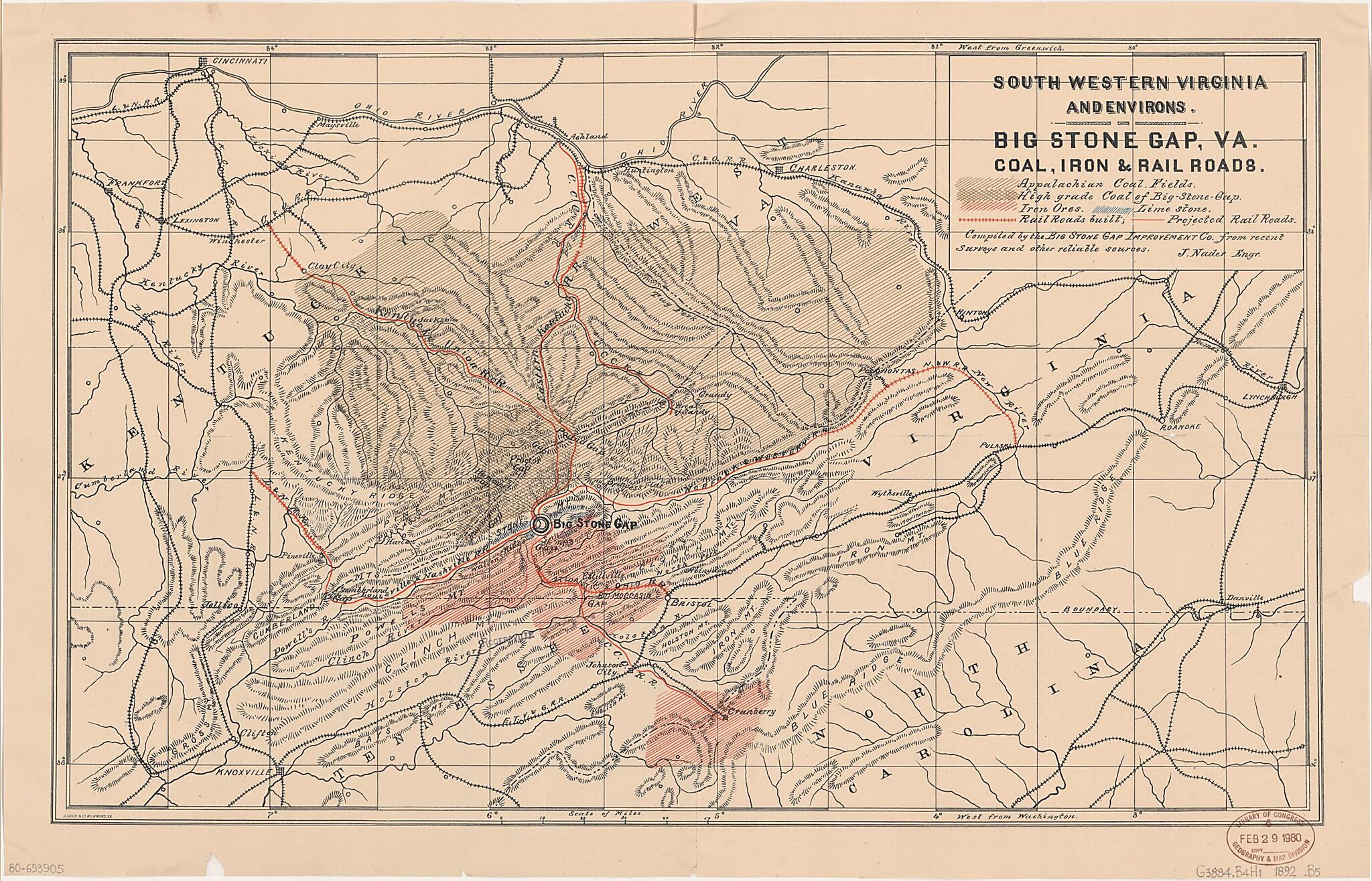 This old map of South Western Virginia and Environs : Big Stone Gap, Va., Coal, Iron & Rail Roads from 1892 was created by Big Stone Gap Improvement Co, J. Nader in 1892