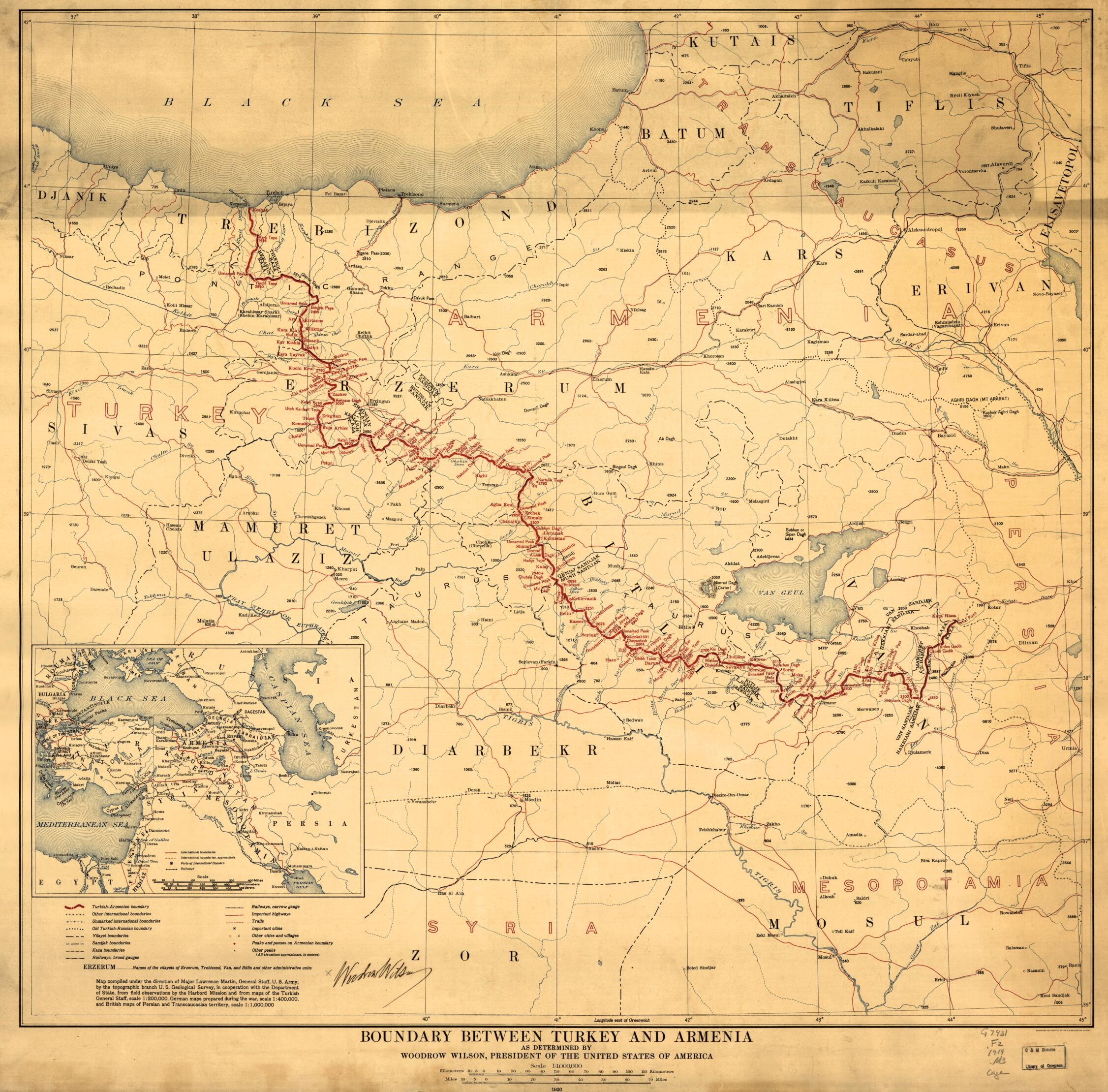 This old map of Boundary Between Turkey and Armenia : As Determined by Woodrow Wilson, President of the United States of America from 1920 was created by Geological Survey (U.S.). Topographic Branch, Lawrence Martin, United States. Department of State,