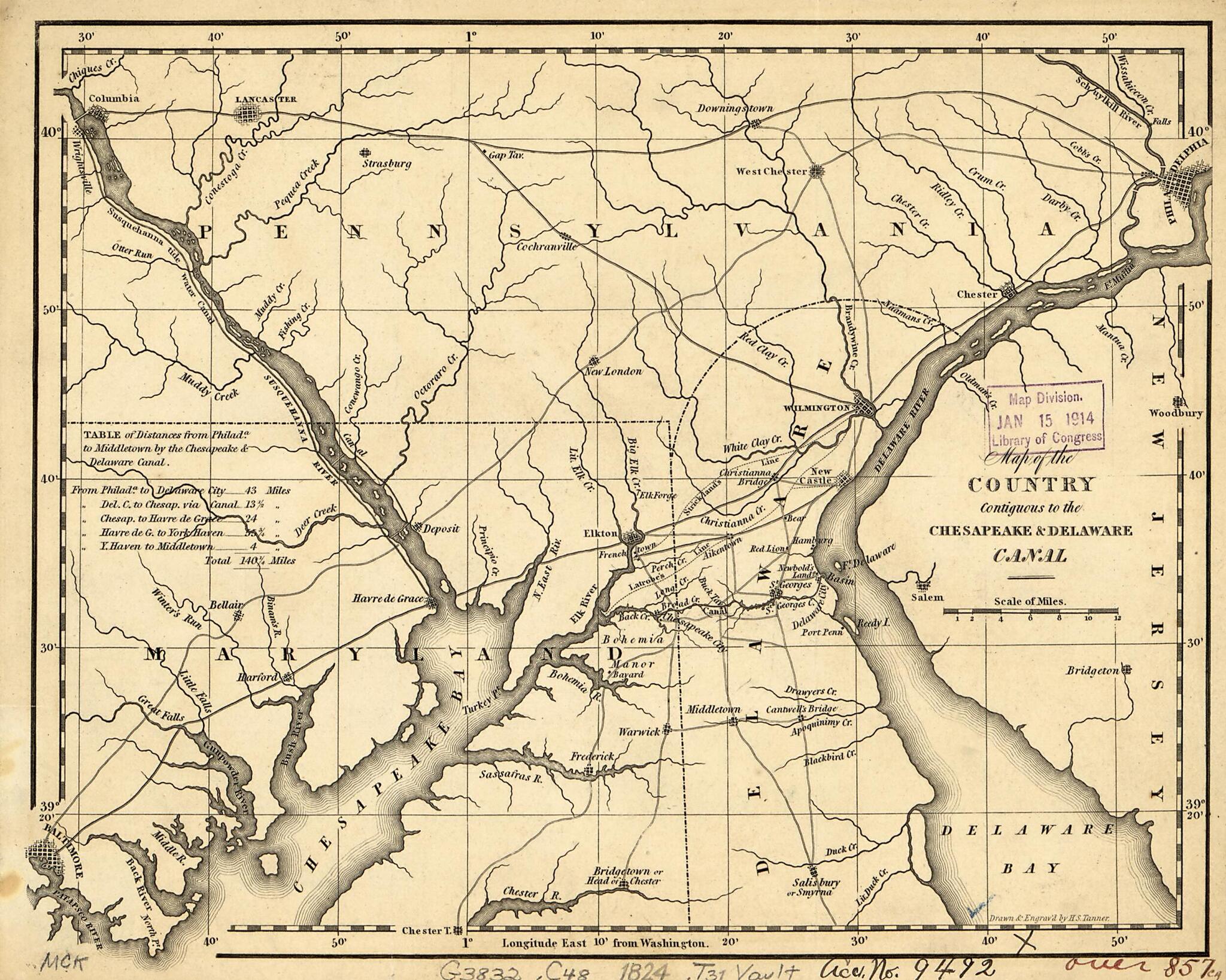 This old map of Map of the Country Contiguous to the Chesapeake & Delaware Canal from 1824 was created by Chesapeake and Delaware Canal Company, Henry Schenck Tanner in 1824
