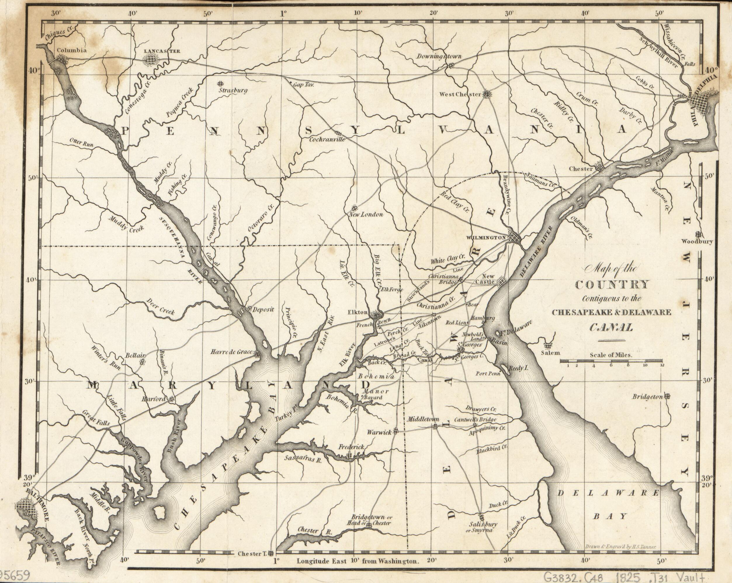 This old map of Map of the Country Contiguous to the Chesapeake & Delaware Canal from 1825 was created by Chesapeake and Delaware Canal Company, Henry Schenck Tanner in 1825