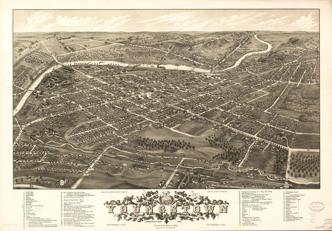 This old map of Panoramic View of the City of Youngstown, County Seat of Mahoning County, Ohio from 1882 was created by Beck & Pauli, Ruger & Stoner, A. Ruger, J. J. Stoner in 1882