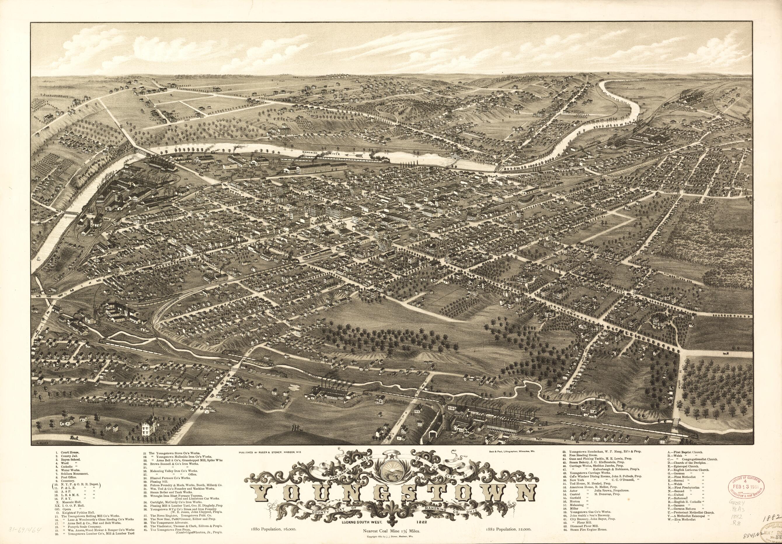 This old map of Panoramic View of the City of Youngstown, County Seat of Mahoning County, Ohio from 1882 was created by Beck & Pauli, Ruger & Stoner, A. Ruger, J. J. Stoner in 1882