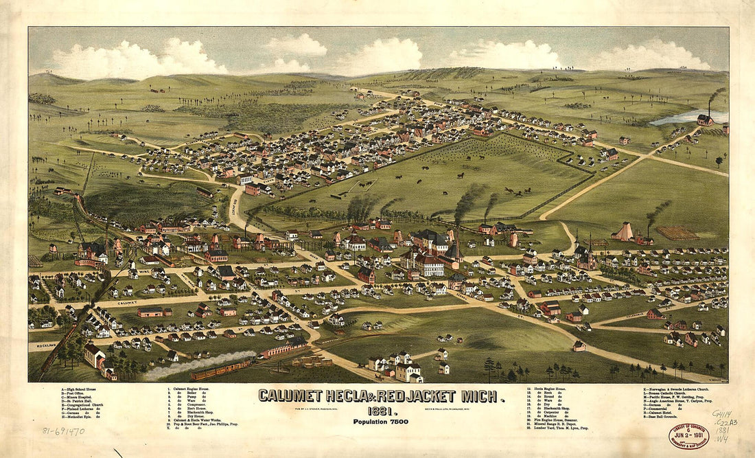 This old map of Calumet, Hecla & Red Jacket, Michigan : from 1881 was created by Beck & Pauli, J. J. Stoner, H. (Henry) Wellge in 1881