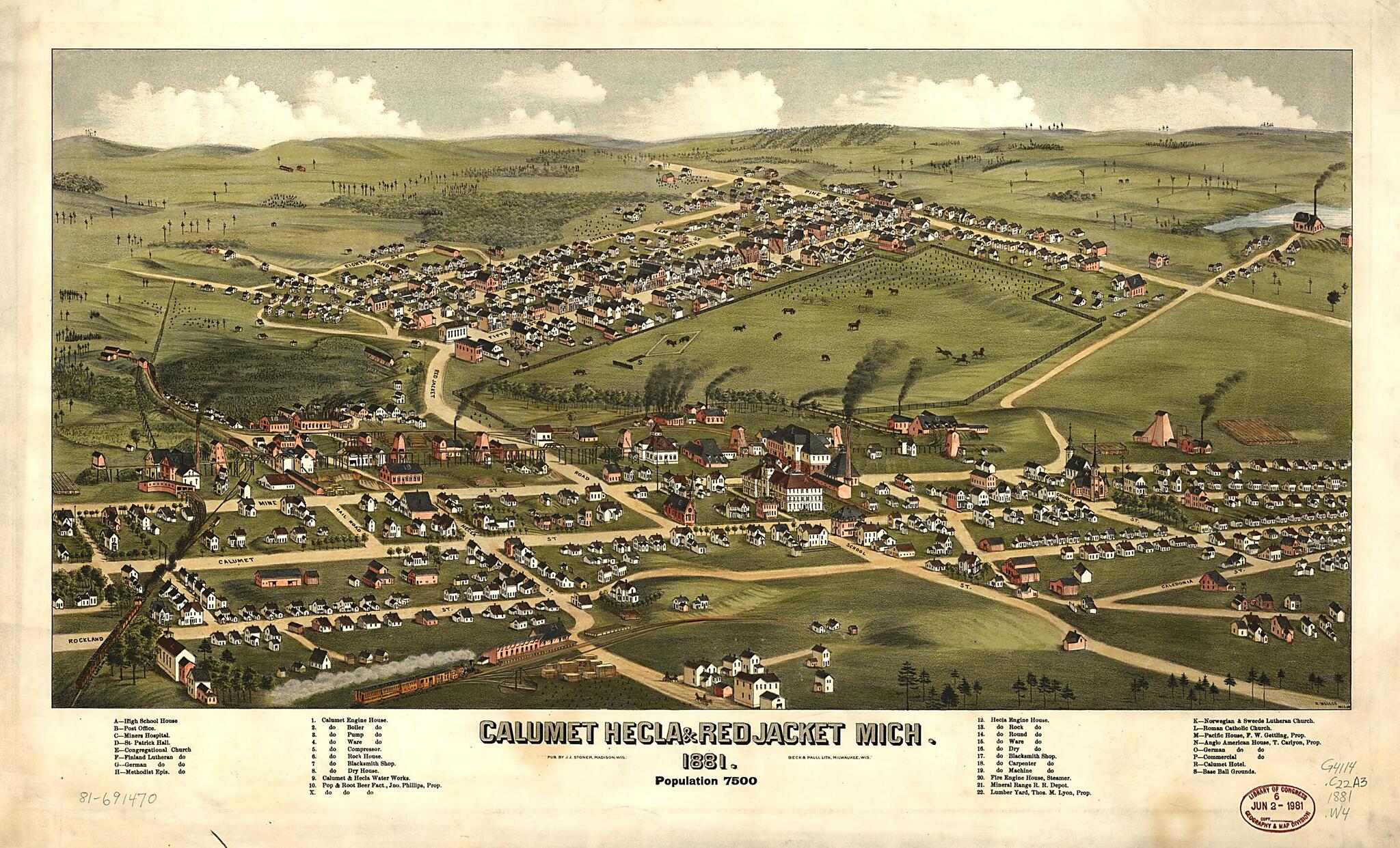 This old map of Calumet, Hecla & Red Jacket, Michigan : from 1881 was created by Beck & Pauli, J. J. Stoner, H. (Henry) Wellge in 1881