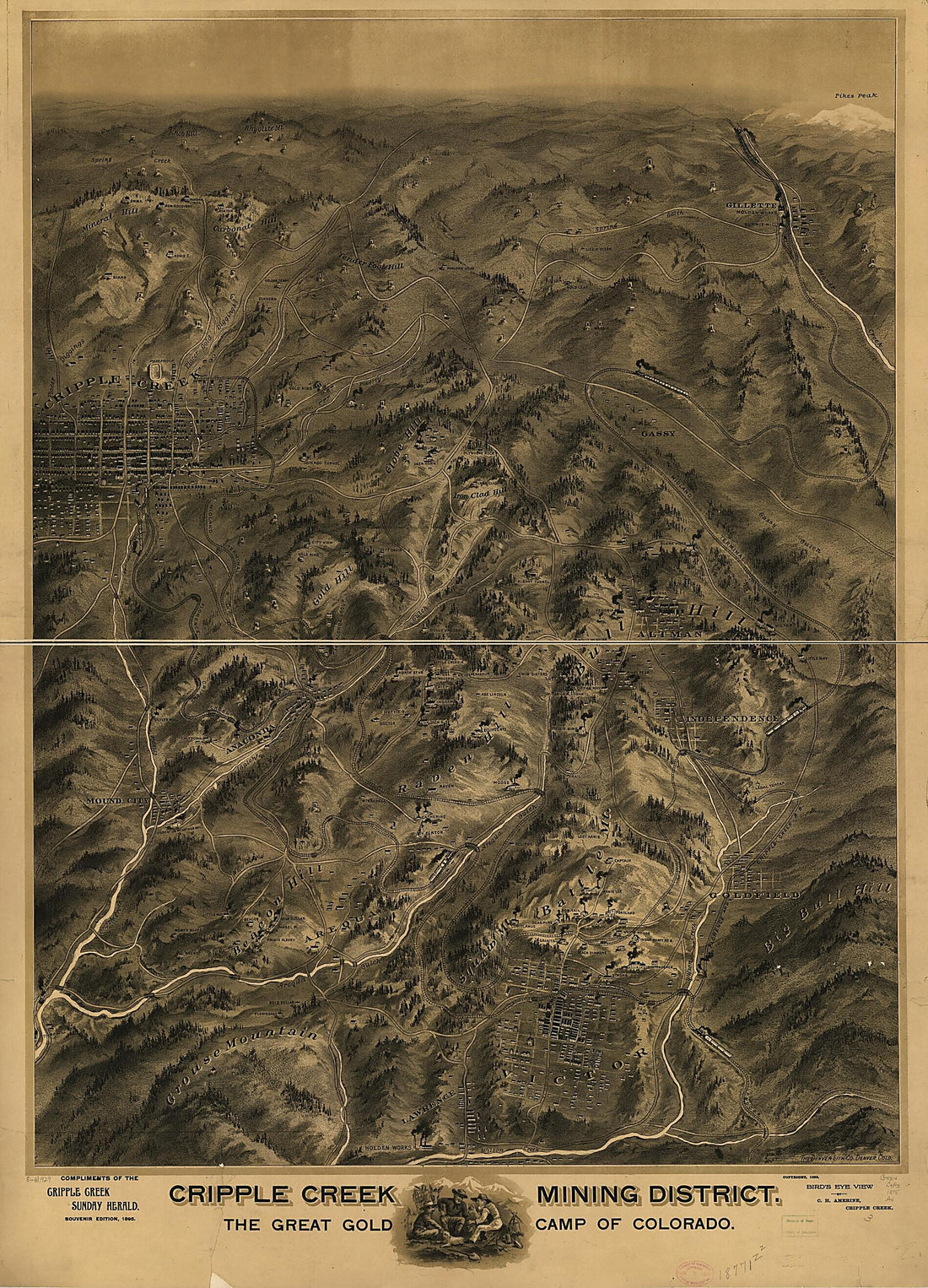 This old map of Cripple Creek Mining District, the Great Gold Camp of Colorado from 1895 was created by C. H. Amerine, Denver Lith. Co in 1895