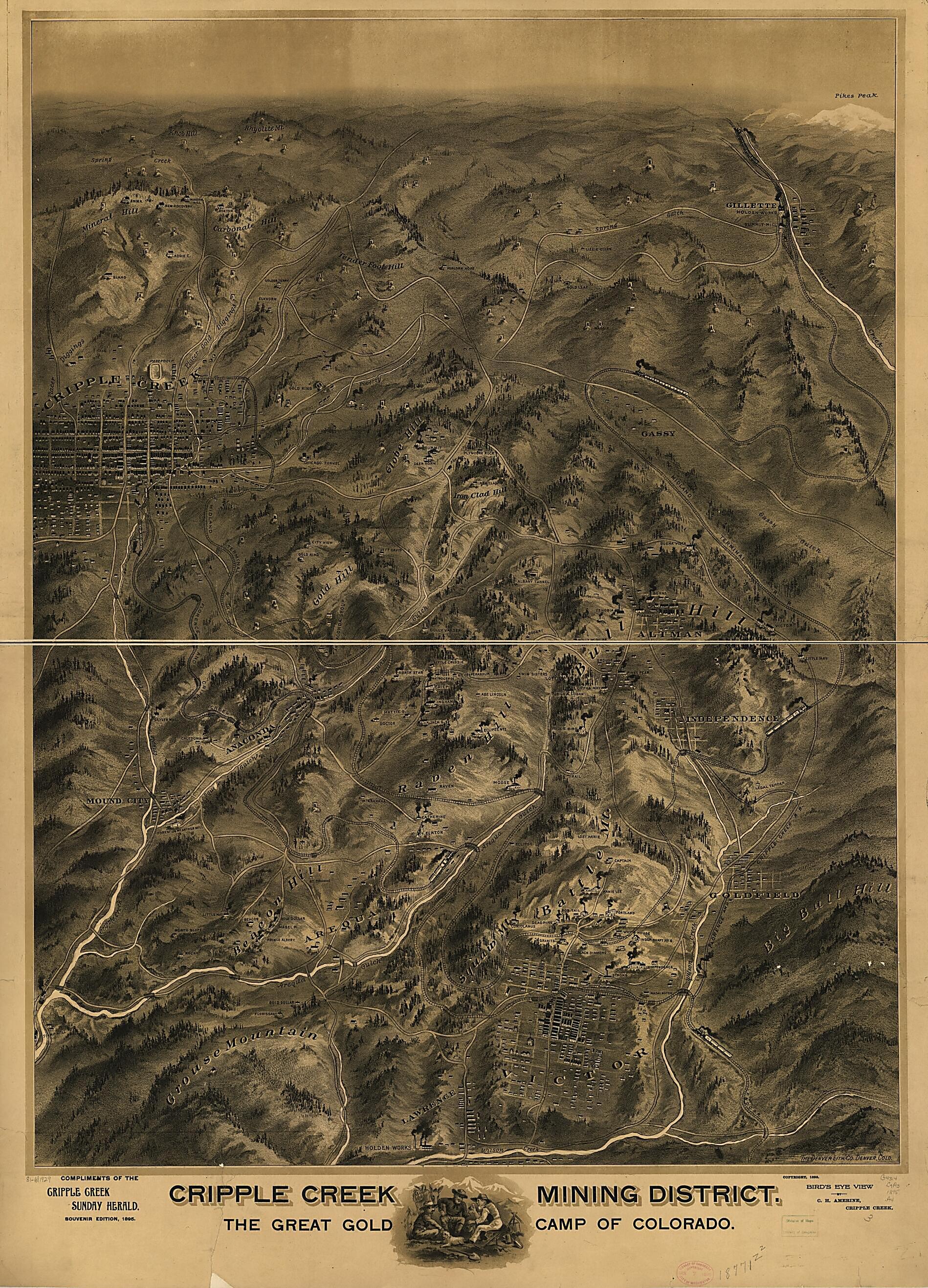 This old map of Cripple Creek Mining District, the Great Gold Camp of Colorado from 1895 was created by C. H. Amerine, Denver Lith. Co in 1895
