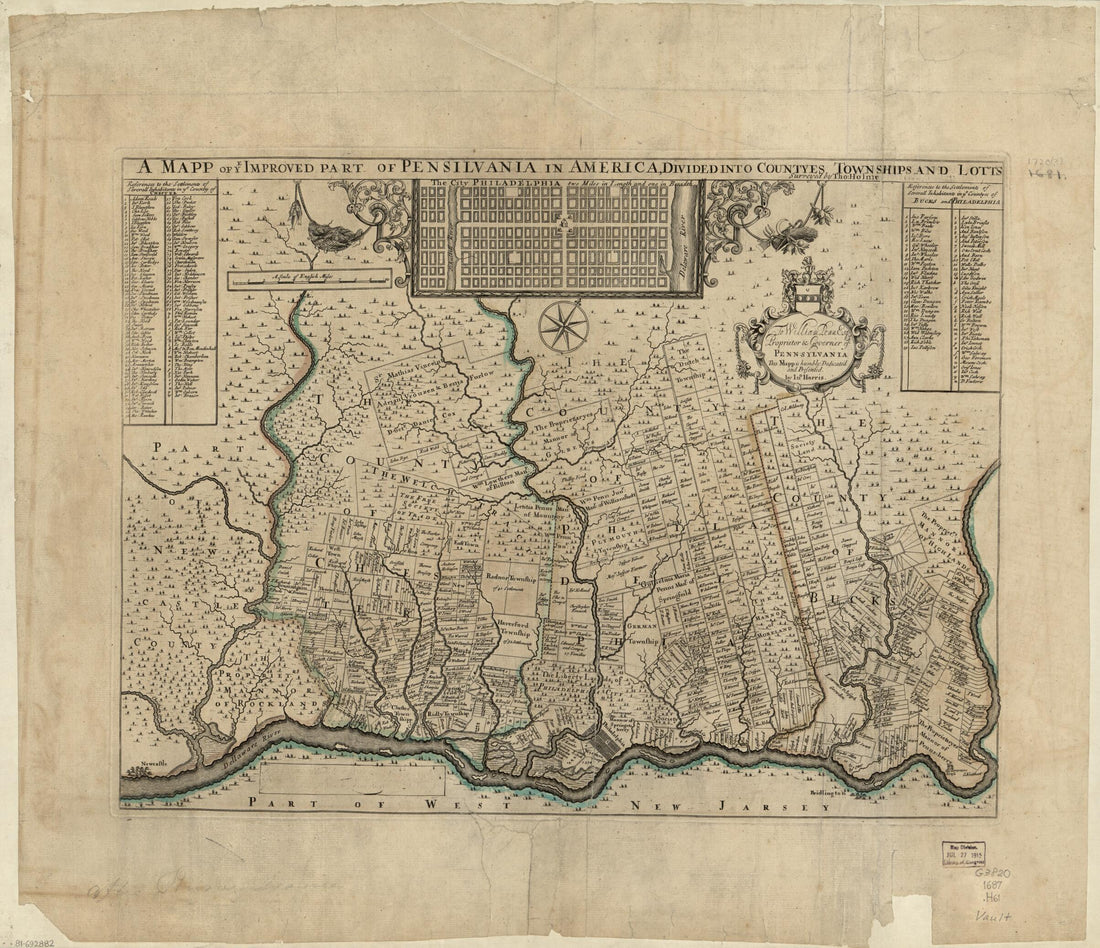 This old map of A Mapp of Ye Improved Part of Pensilvania In America, Divided Into Countyes, Townships, and Lotts from 1687 was created by John Harris, Thomas Holme, Philip Lea in 1687