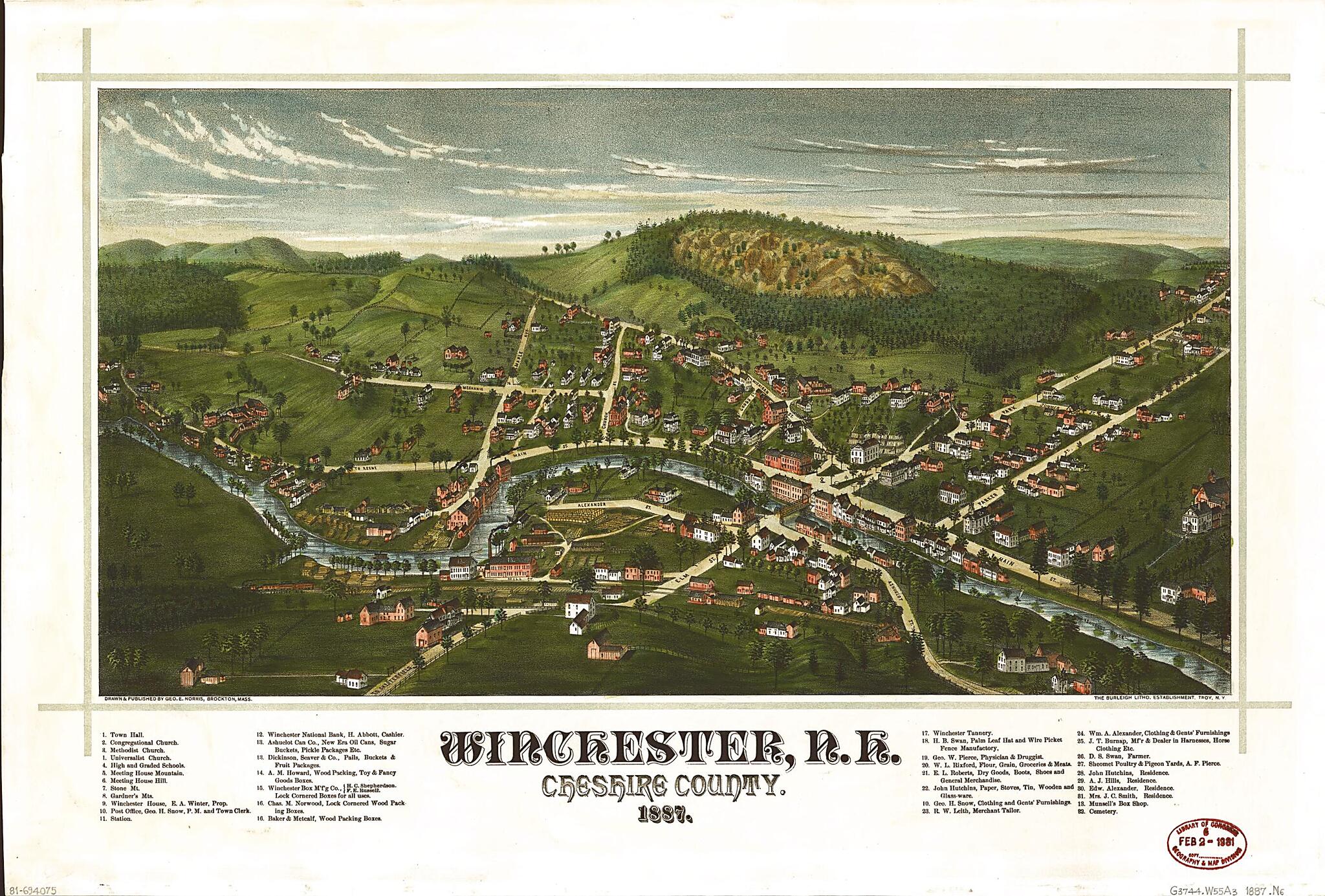 This old map of Winchester, New Hampshire, Cheshire County, from 1887 was created by Burleigh Litho, George E. Norris in 1887