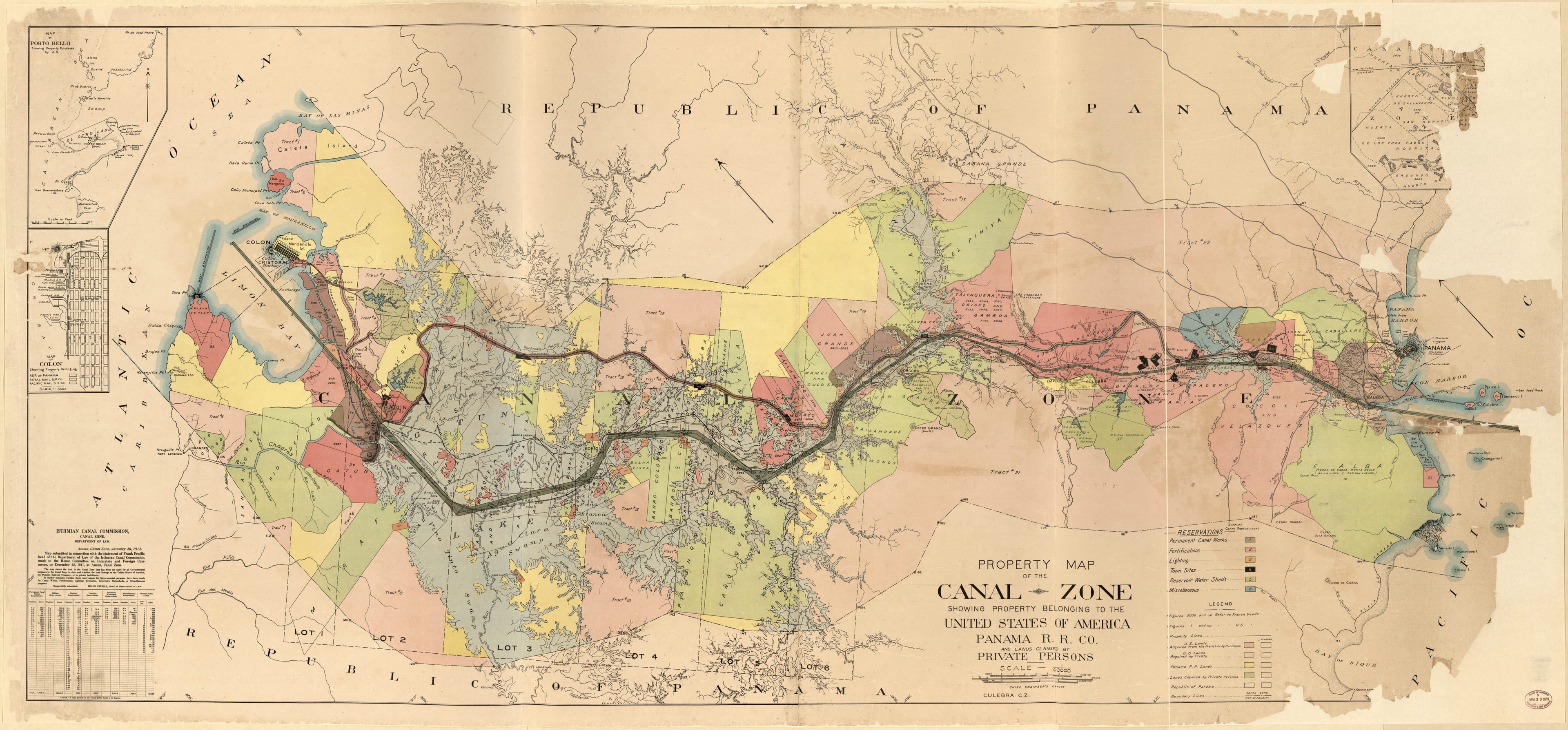 This old map of Property Map of the Canal Zone Showing Property Belonging to the United States of America, Panama R. R. Co., and Lands Claimed by Private Persons from 1911 was created by Isthmian Canal Commission (U.S.). Department of Law, Isthmian Can