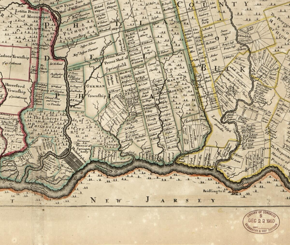 This old map of A Mapp of Ye Improved Part of Pensilvania In America, Divided Into Countyes, Townships, and Lotts from 1687 was created by John Harris, Thomas Holme, Philip Lea,  Lessing J. Rosenwald Collection (Library of Congress), William Penn, Lessin