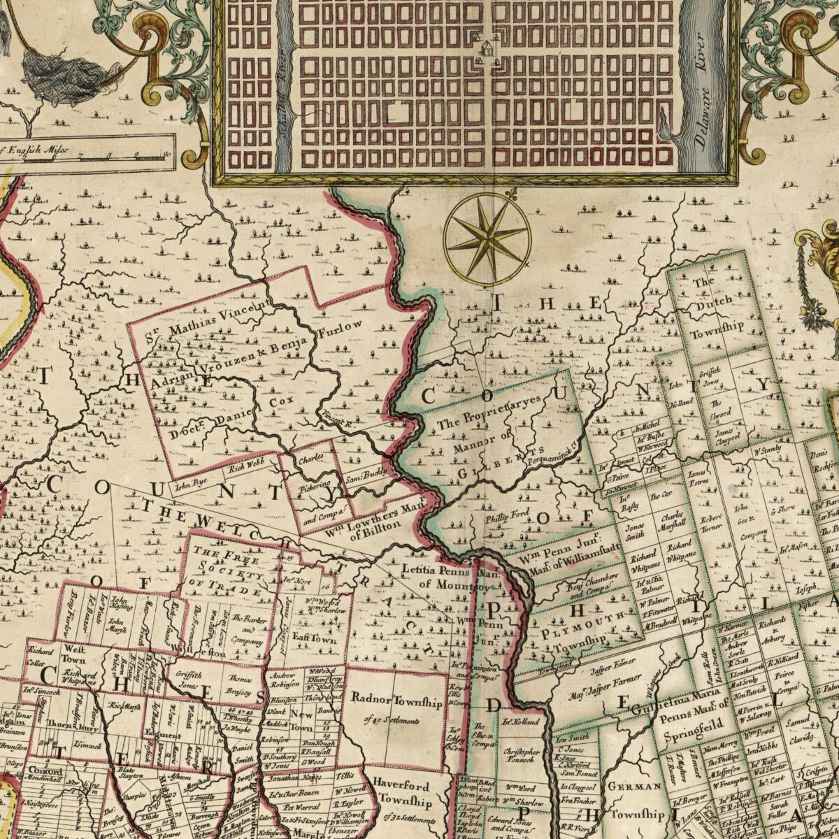 This old map of A Mapp of Ye Improved Part of Pensilvania In America, Divided Into Countyes, Townships, and Lotts from 1687 was created by John Harris, Thomas Holme, Philip Lea,  Lessing J. Rosenwald Collection (Library of Congress), William Penn, Lessin