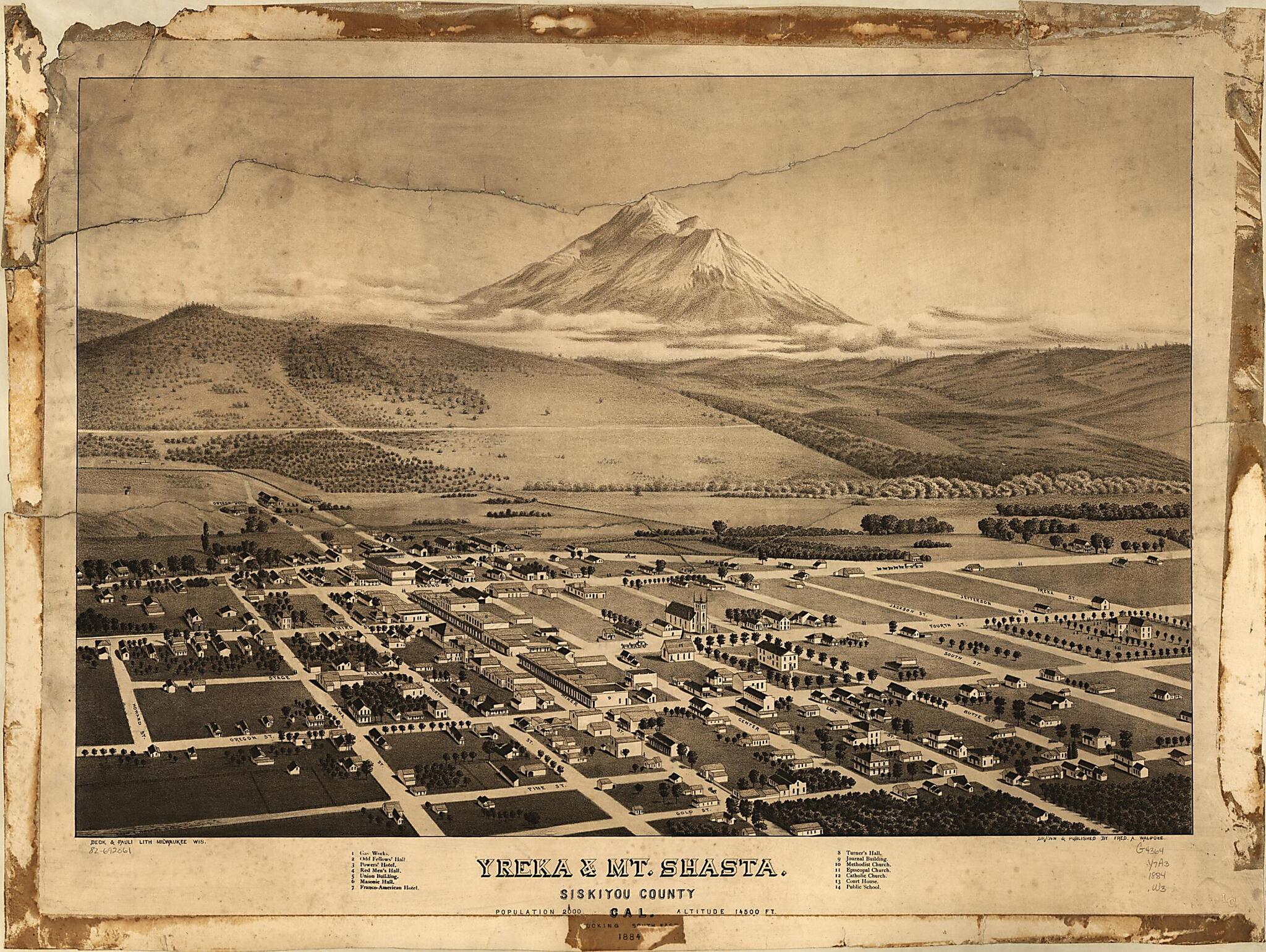 This old map of Yreka & Mt. Shasta, Siskiyou County,California, Looking South East from 1884 was created by Beck & Pauli, Fred A. Walpole in 1884