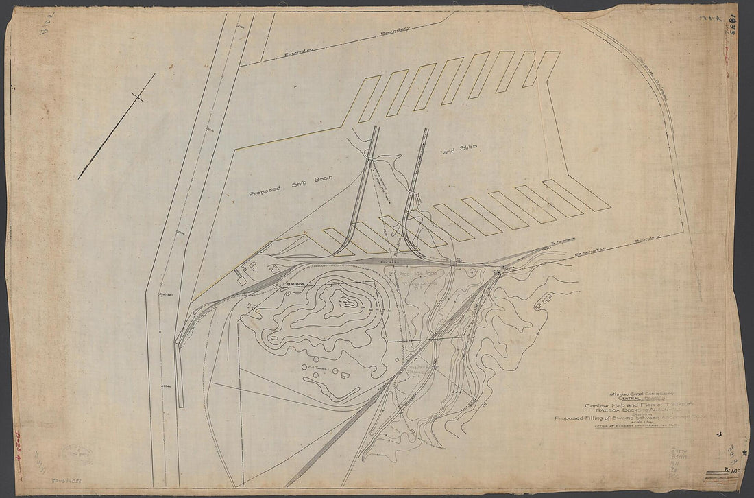 This old map of Contour Map and Plan of Tracks, Etc., Balboa Docks to Ancon Hill Showing Proposed Filling of Swamp Between Ancon and Sosa Hills : Scale 1.5000 from 1911 was created by Isthiman Canal Commission (U.S.). Central Division, Isthmian Canal C