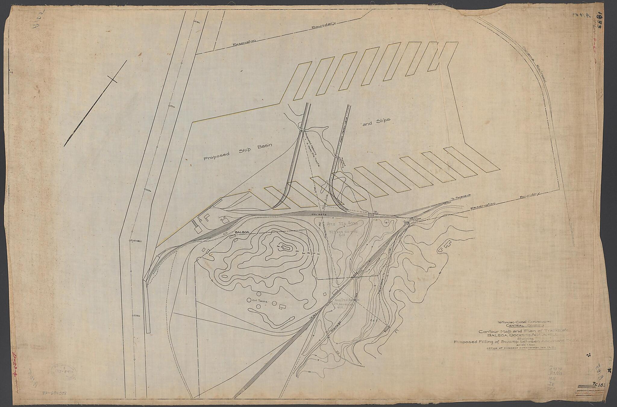This old map of Contour Map and Plan of Tracks, Etc., Balboa Docks to Ancon Hill Showing Proposed Filling of Swamp Between Ancon and Sosa Hills : Scale 1.5000 from 1911 was created by Isthiman Canal Commission (U.S.). Central Division, Isthmian Canal C