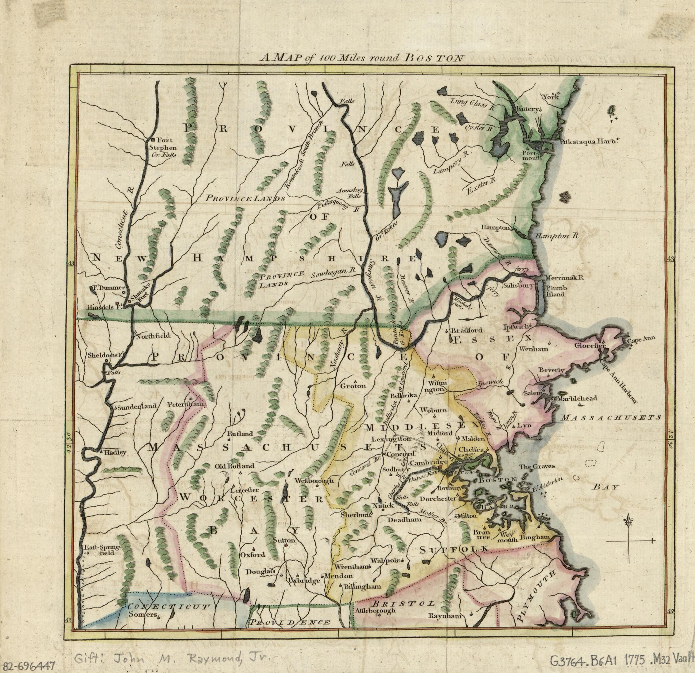 This old map of A Map of 100 Miles Round Boston from 1775 was created by in 1775