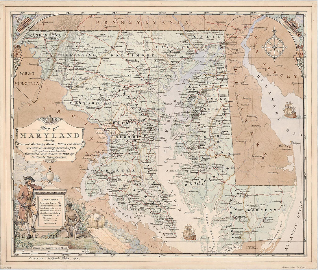 This old map of Map of Maryland Showing Principal Buildings, Roads, Cities and Towns, Created Or Existing Prior to from 1794 : a Few Residences Are of a Later Date was created by H. Brooks Price in 1794