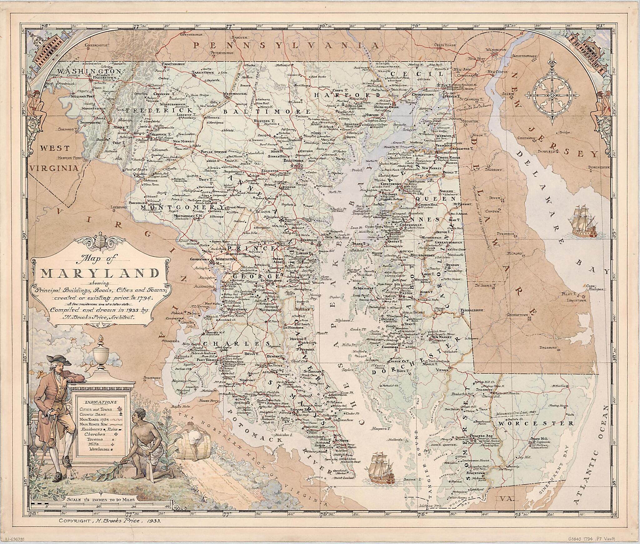 This old map of Map of Maryland Showing Principal Buildings, Roads, Cities and Towns, Created Or Existing Prior to from 1794 : a Few Residences Are of a Later Date was created by H. Brooks Price in 1794