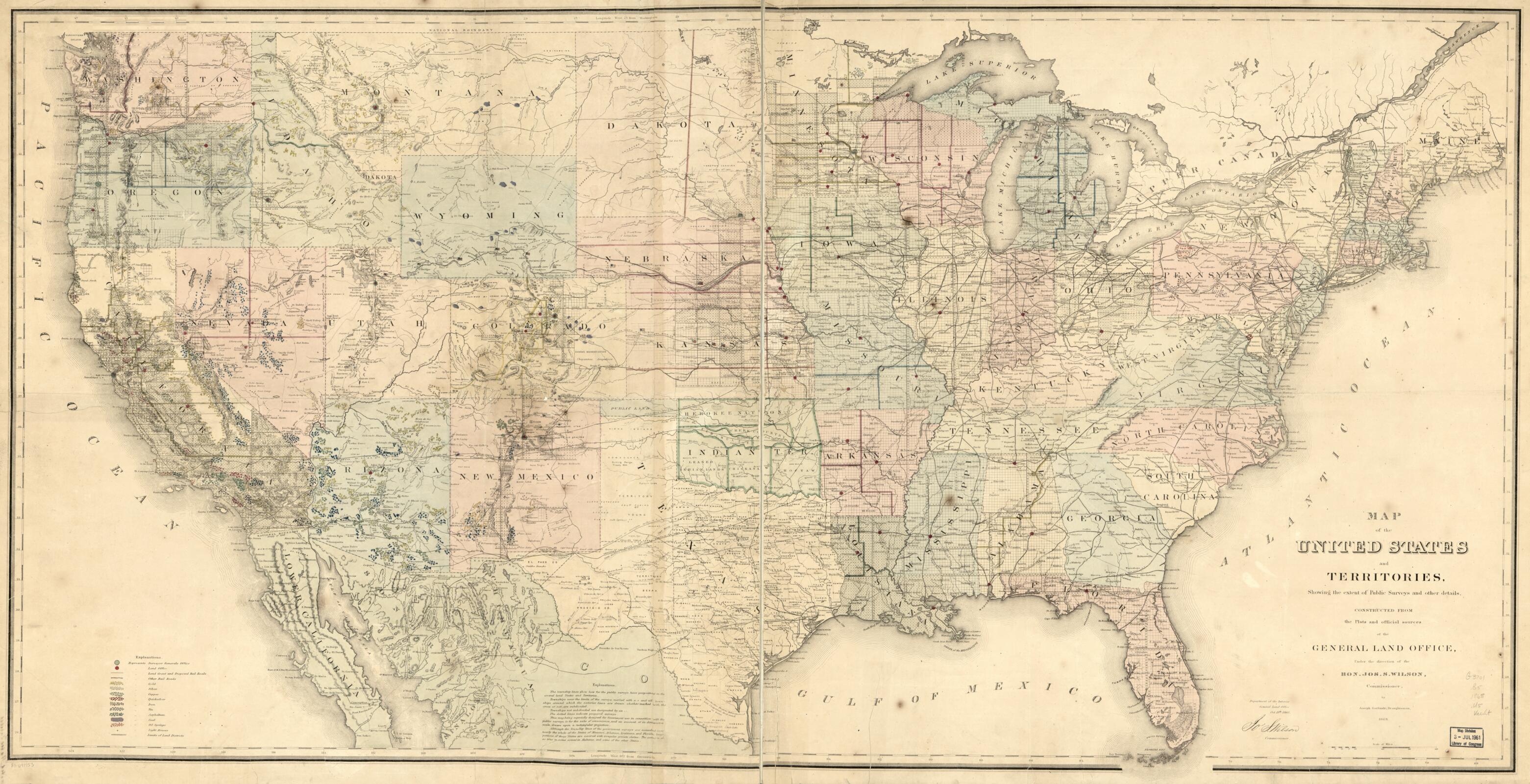 This old map of Map of the United States and Territories, Showing the Extent of Public Surveys and Other Details from 1868 was created by Joseph Gorlinski, United States. General Land Office in 1868
