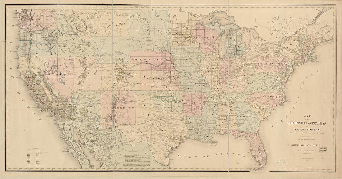This old map of Map of the United States and Territories, Showing the Extent of Public Surveys and Other Details from 1867 was created by Joseph Gorlinski, United States. General Land Office in 1867