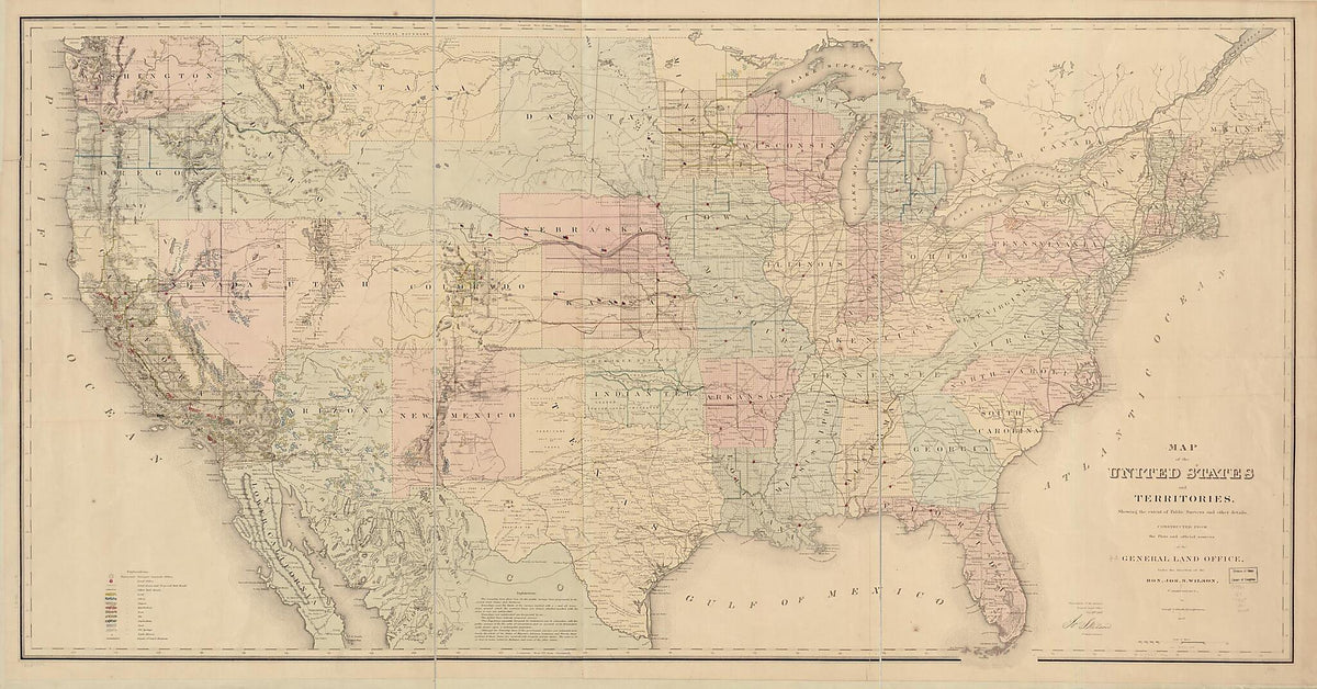 Map of the United States and Territories, Showing the Extent of Public Surveys and Other Details 1867 by Relic Map Company