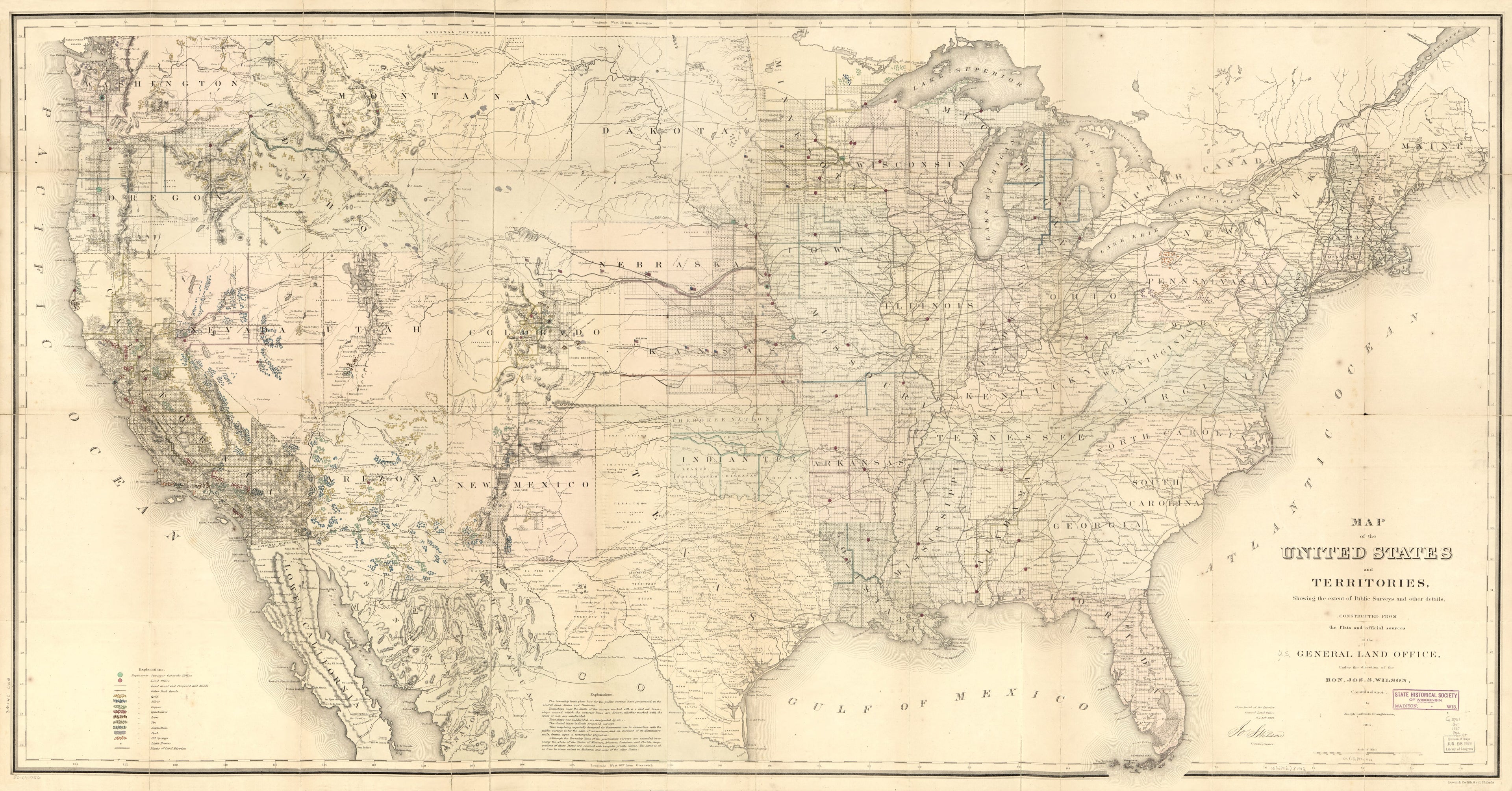 This old map of Map of the United States and Territories, Showing the Extent of Public Surveys and Other Details from 1867 was created by Bowen & Co, Joseph Gorlinski, United States. General Land Office in 1867