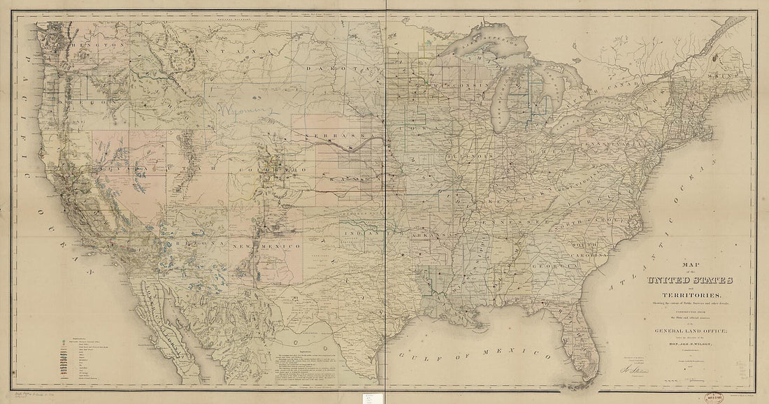 This old map of Map of the United States and Territories, Showing the Extent of Public Surveys and Other Details from 1867 was created by Bowen & Co, Joseph Gorlinski, O. M. (Orlando Metcalfe) Poe, United States. General Land Office in 1867