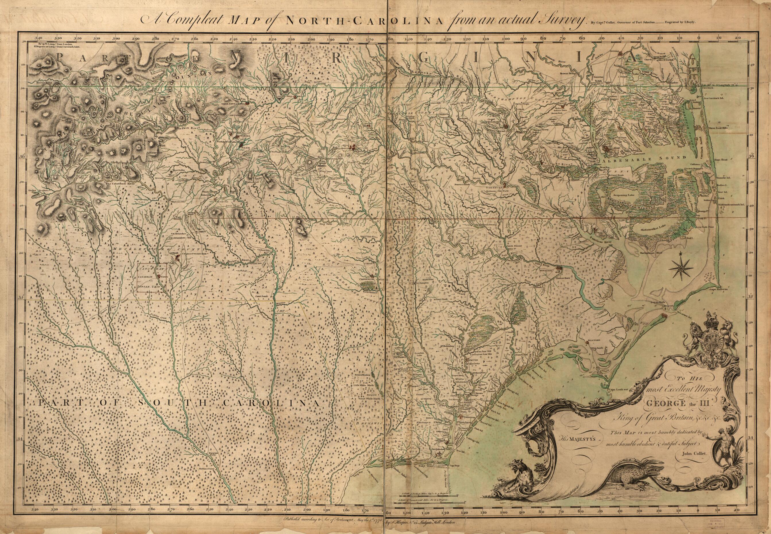 This old map of Carolina from an Actual Survey from 1770 was created by J. Bayly, John Collet, S. (Samuel) Hooper in 1770