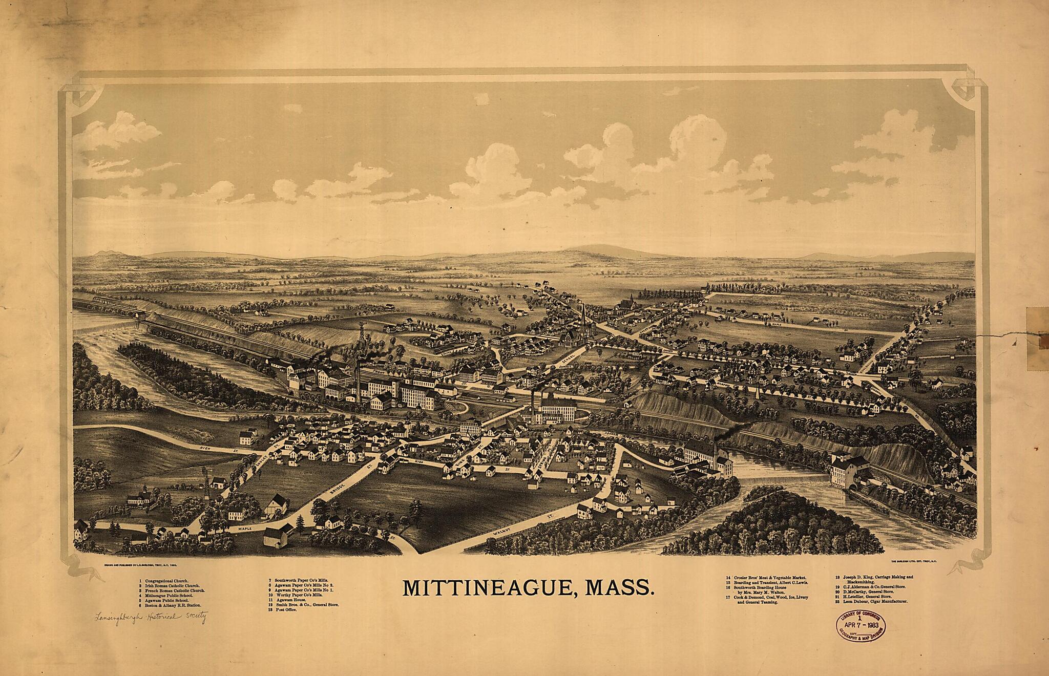 This old map of Mittineague, Massachusetts from 1889 was created by Burleigh Litho, L. R. (Lucien R.) Burleigh in 1889