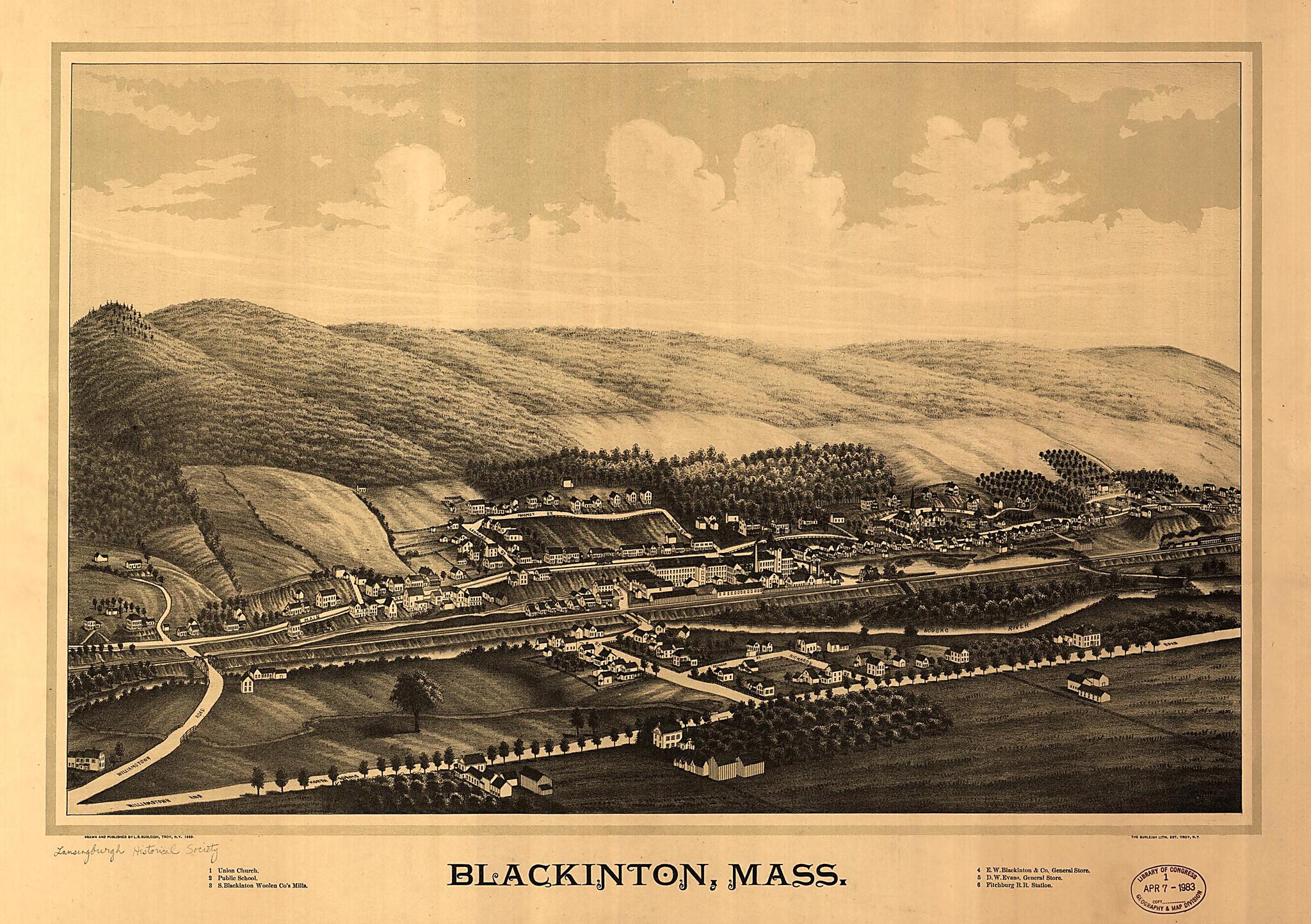 This old map of Blackinton, Massachusetts from 1889 was created by Burleigh Litho, L. R. (Lucien R.) Burleigh in 1889