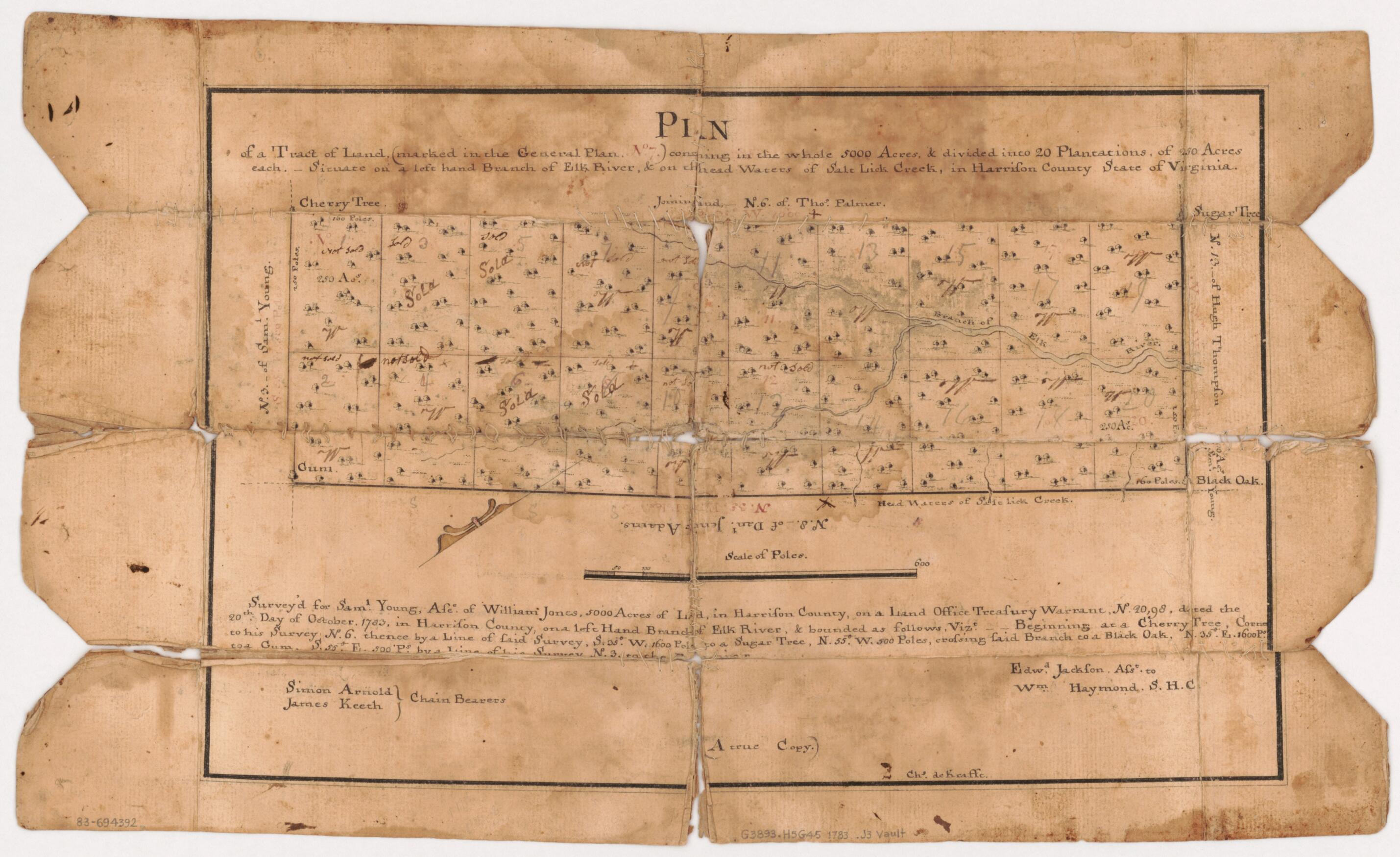 This old map of Plan of a Tract of Land (marked In the General Plan No. 7), Containing In the Whole 5000 Acres, & Divided Into 20 Plantations of 250 Acres Each, Situate On a Left Hand Branch of Elk River, & On the Head Waters of Salt Lick Creek, In Harri