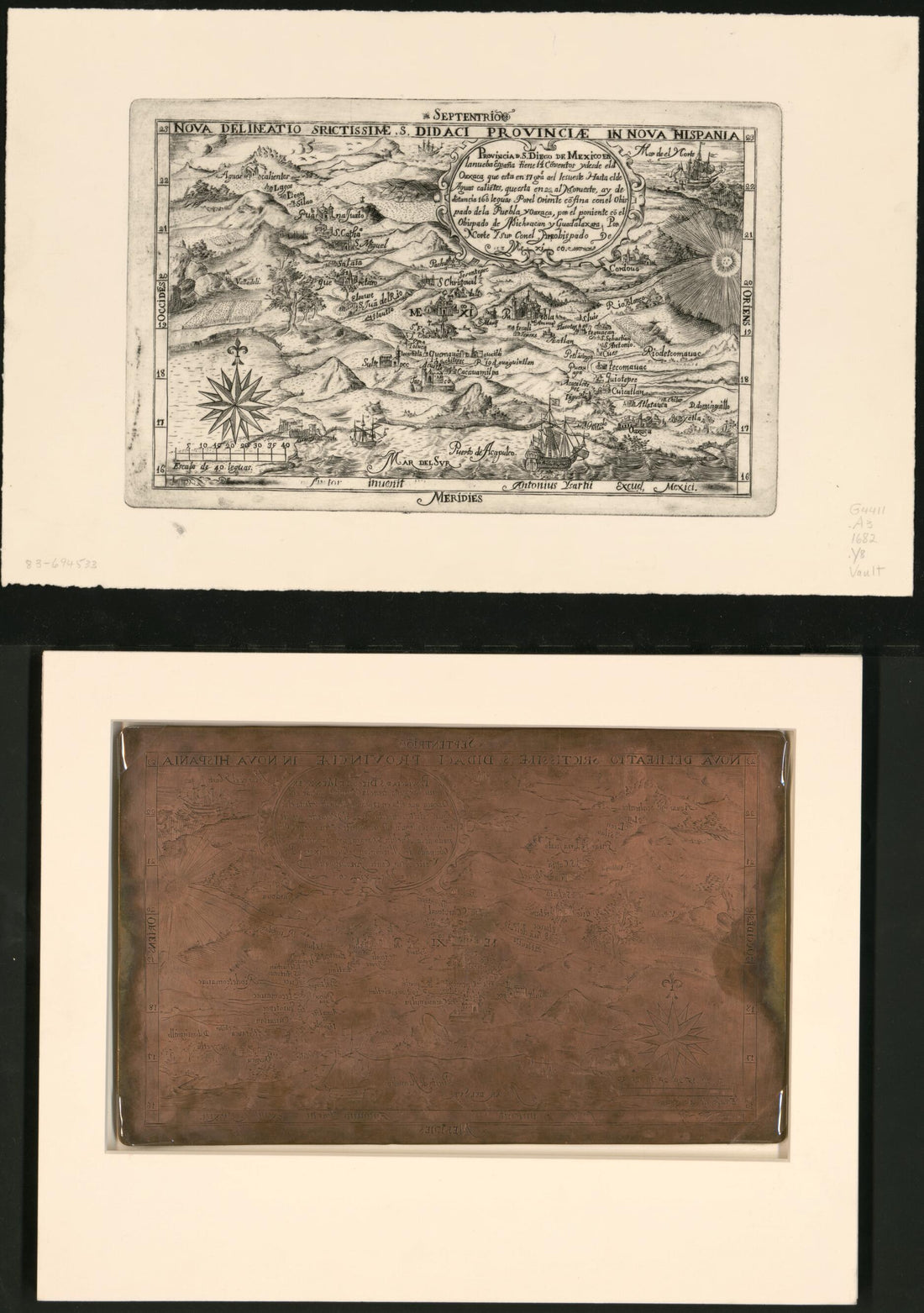 This old map of Provincia De S. Diego De Mexico En La Nueba España Tiene 14 Conventos Y Desde El De Oaxaca Que Esta En 17 Grados Ael Le Sueste Hasta El De Aguas Calientes Que Esta En 22 Al Norueste Ay De Distancia 160 Leguas : Por El Oriente Confina Con