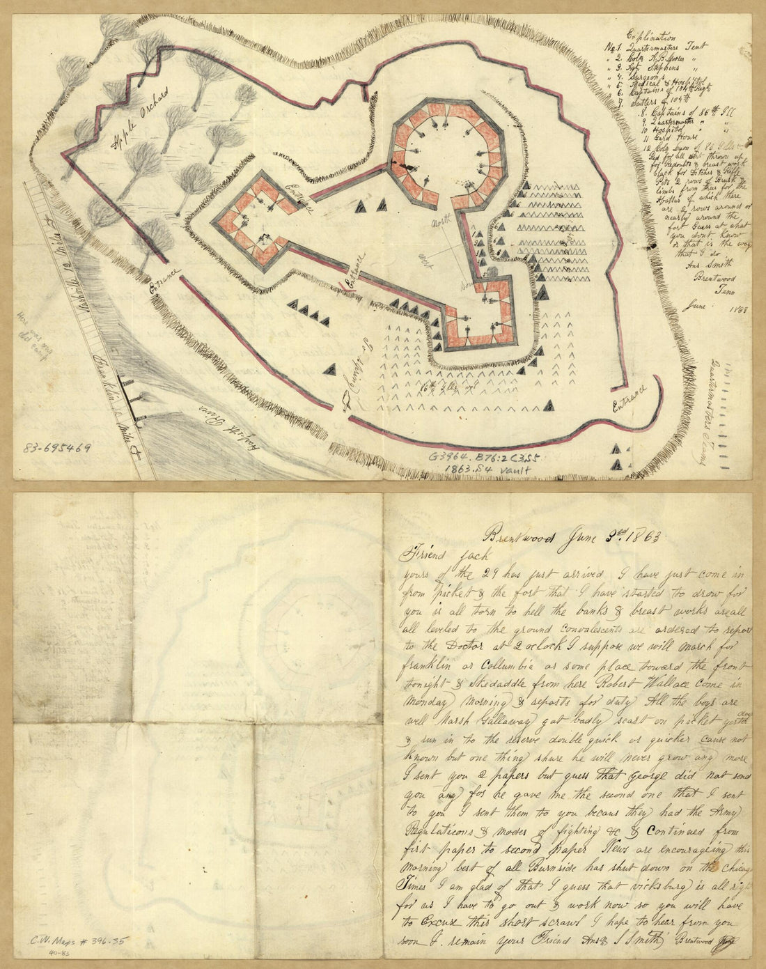This old map of Sketch Map of Camp Brentwood, Tennessee, While Serving As Quarters for the 86th and 104th Regiments of the Illinois Volunteers from 1863 was created by Anson Smith in 1863
