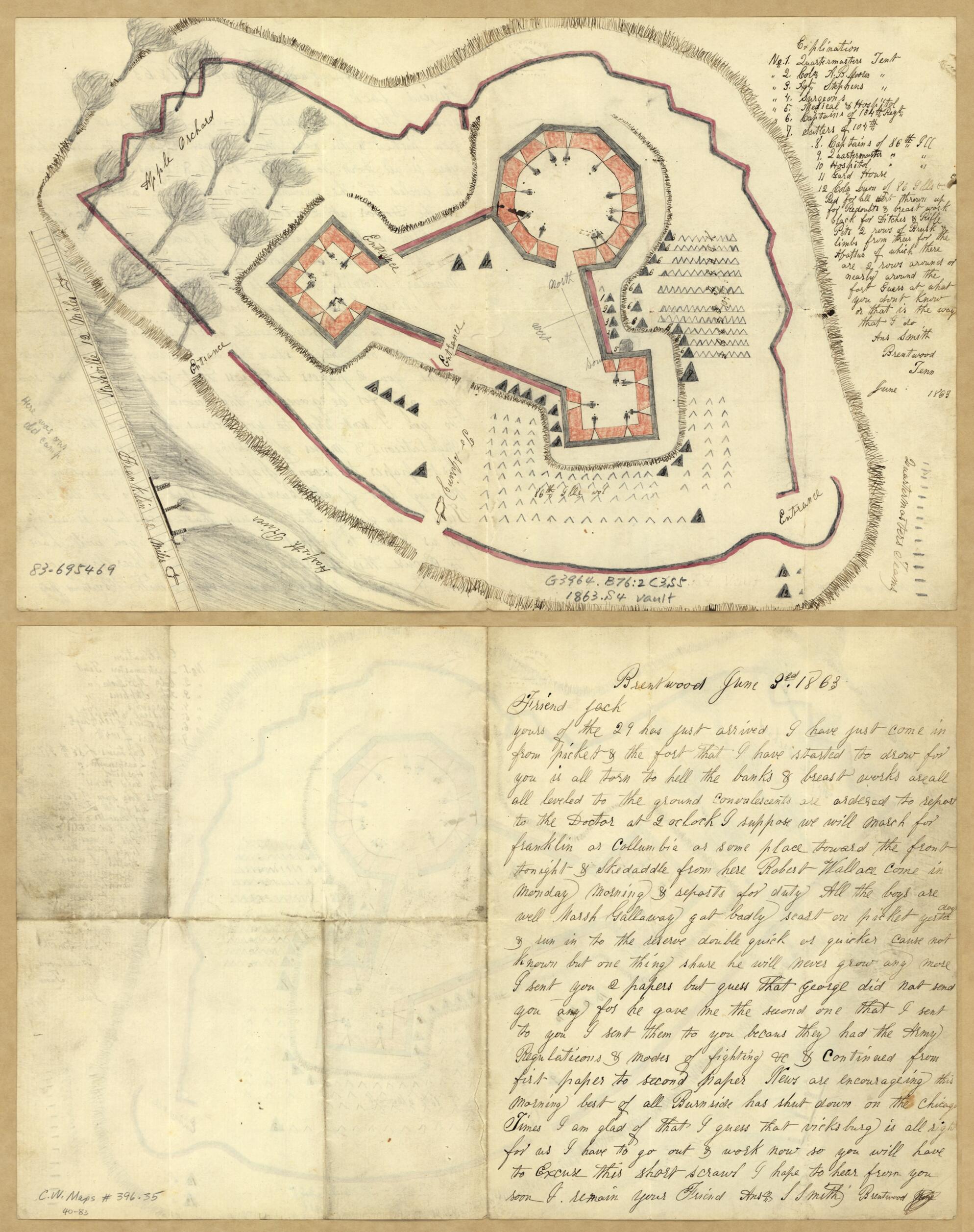 This old map of Sketch Map of Camp Brentwood, Tennessee, While Serving As Quarters for the 86th and 104th Regiments of the Illinois Volunteers from 1863 was created by Anson Smith in 1863