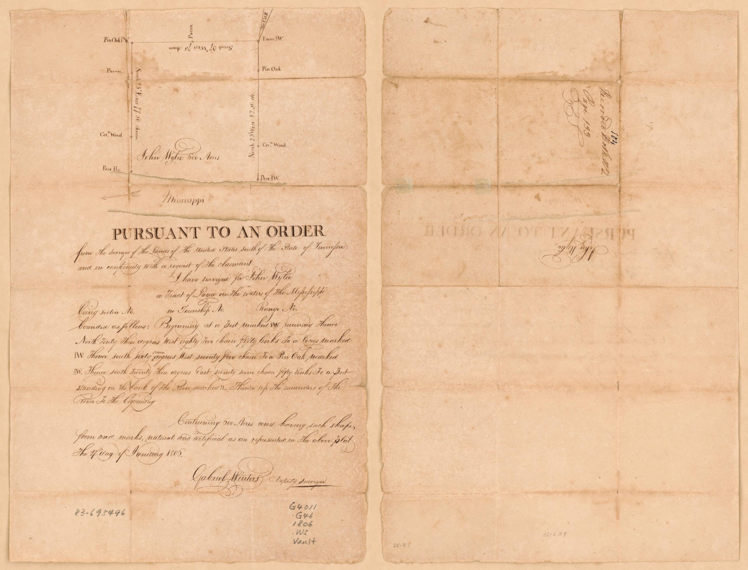 This old map of John Wylie 600 Acres from 1806 was created by Gabriel Winters in 1806